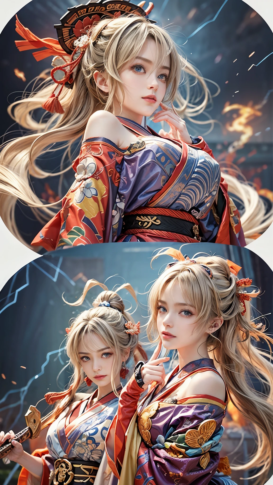 (RAW shooting, Photoreal:1.5, 8k, highest quality, masterpiece, ultra high resolution), Sengoku, fire事, いたるところで燃え上がる戦fire:1.2, perfect dynamic composition:1.2, Highly detailed skin and facial textures:1.2, has a sharp Japanese sword:1.2, slim female samurai:1.3, Fight:1.2, beautiful and aesthetic, cute and sexy beauty, perfect style:1.2, wear elaborate rings, fire, water, Wind, thunder, ice, Fair skin, very beautiful face, (Medium chest, Chest gap), (embarrassing smile, The expression on your face when you feel intense caress, Facial expression when feeling pleasure), (Wearing a sexy Sengoku uniform:1.2, off shoulder:1.1), (beautiful blue eyes, Eyes that feel beautiful eros:0.8), (Too erotic:0.9, Bewitching:0.9), full body shot