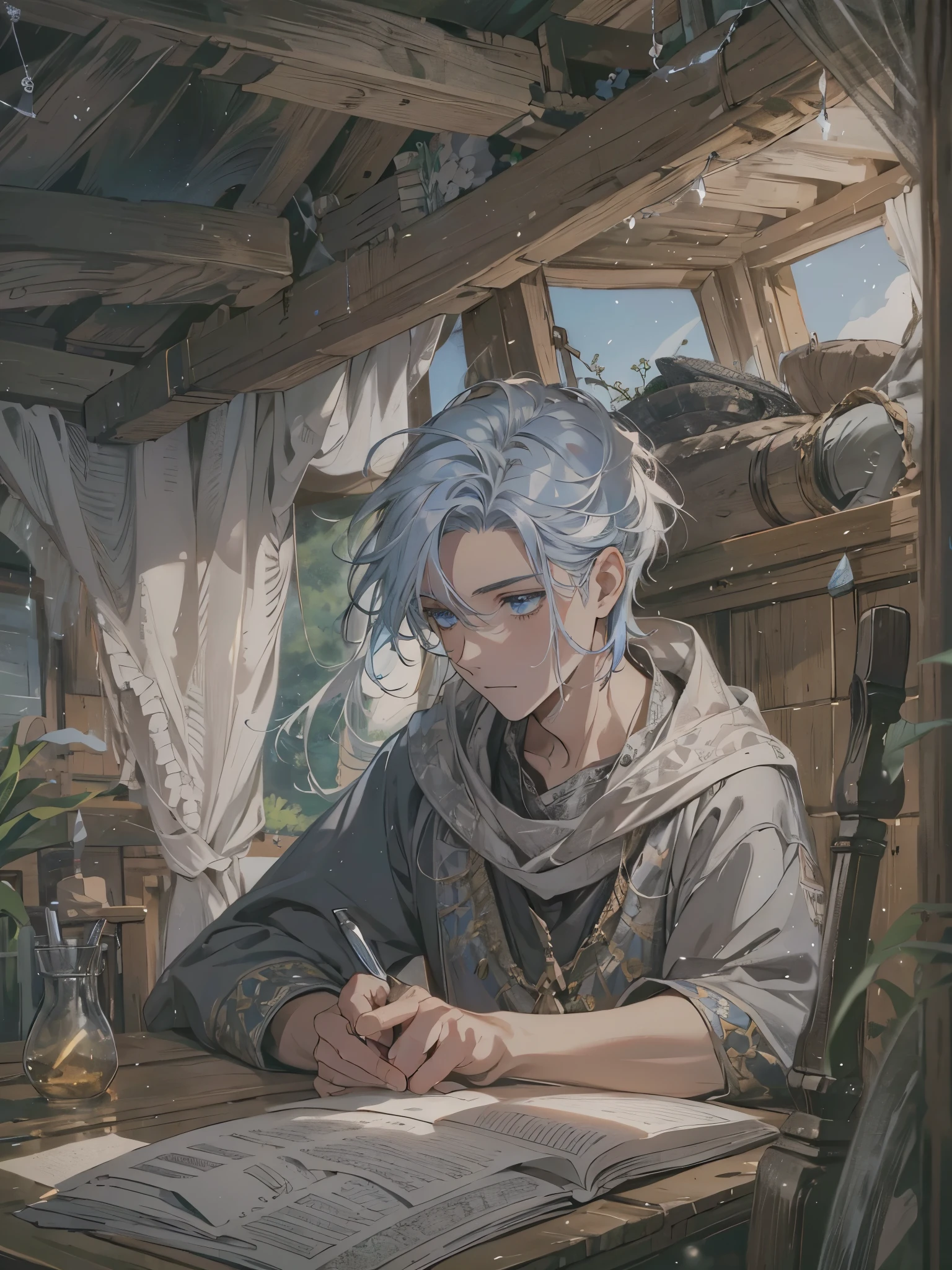 1 young man, alone, writing a book inside a medieval caravan, serene and reflective atmosphere, soft lighting coming through the caravan's cloth roof, medieval caravan, 15 year old man, blue eyes, tattoo below the eyes, white colored hair , short hair, boyish, black clothes, looking at the ceiling with pen on chin, best angle, thoughtful, {beautiful detailed eyes}, {detailed light}, {illustration}, {better lighting}, conceptual art,