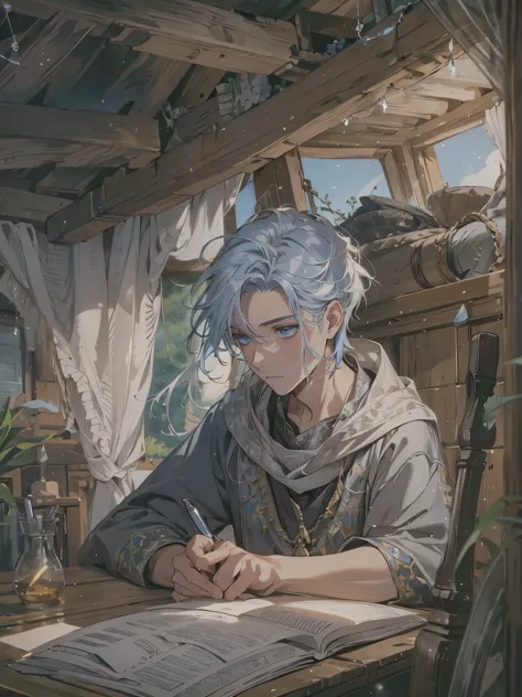1 young man, alone, writing a book inside a medieval caravan, serene and reflective atmosphere, soft lighting coming through the...