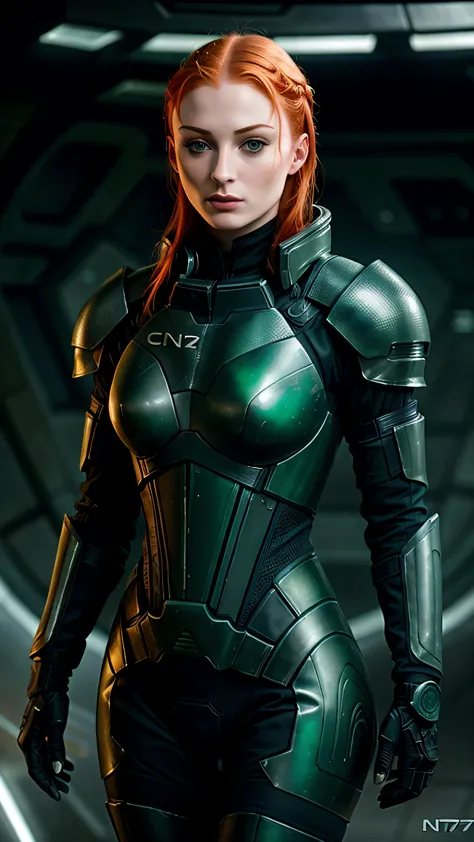 mass effect style, ((Sophie Turner)) as a Sansa Stark, ginger hair, make-up, ((green)) n7armor, space ship, 1woman, solo, beauti...