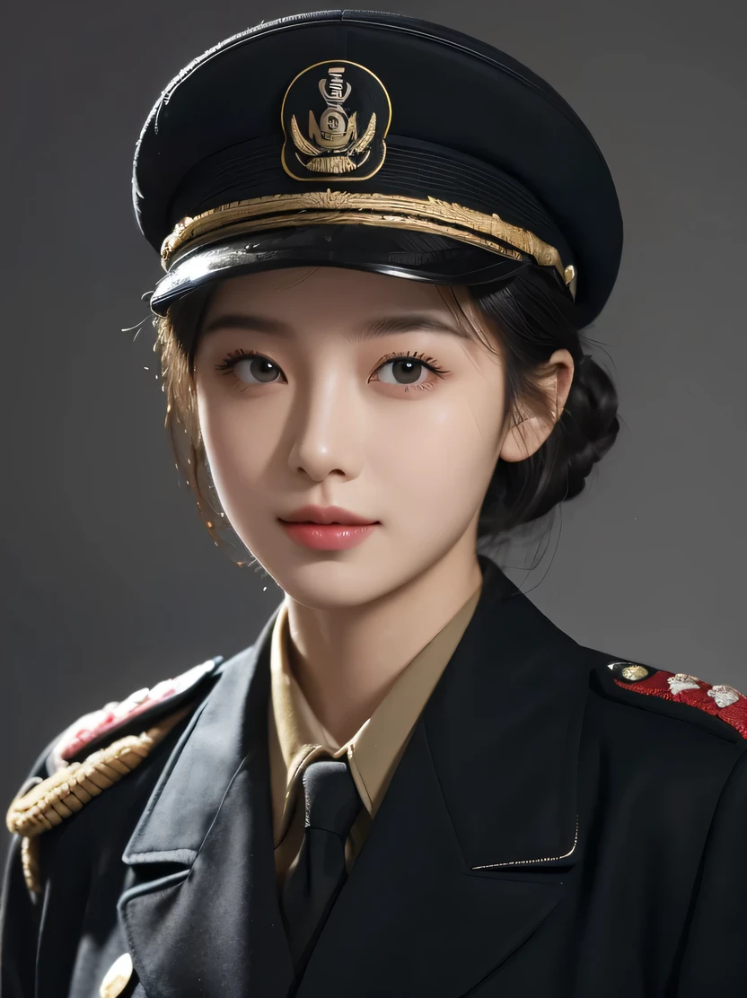 ((masterpiece、highest quality、Super detailed、High resolution、sharp focus、cinematic lighting))、bust shot、high contrast、Portrait of a beautiful female office worker and beautiful eyes、thick and beautiful lips、highly detailed eyes and face)、bright colors、(soft lighting、big smile)、uniform、military hat、class seal、tie、(black hair、boyish short hair、bun hair)、view audience、Detailed depiction of hands、Tianfeng 1、dramatic lighting、German/(military uniform/)