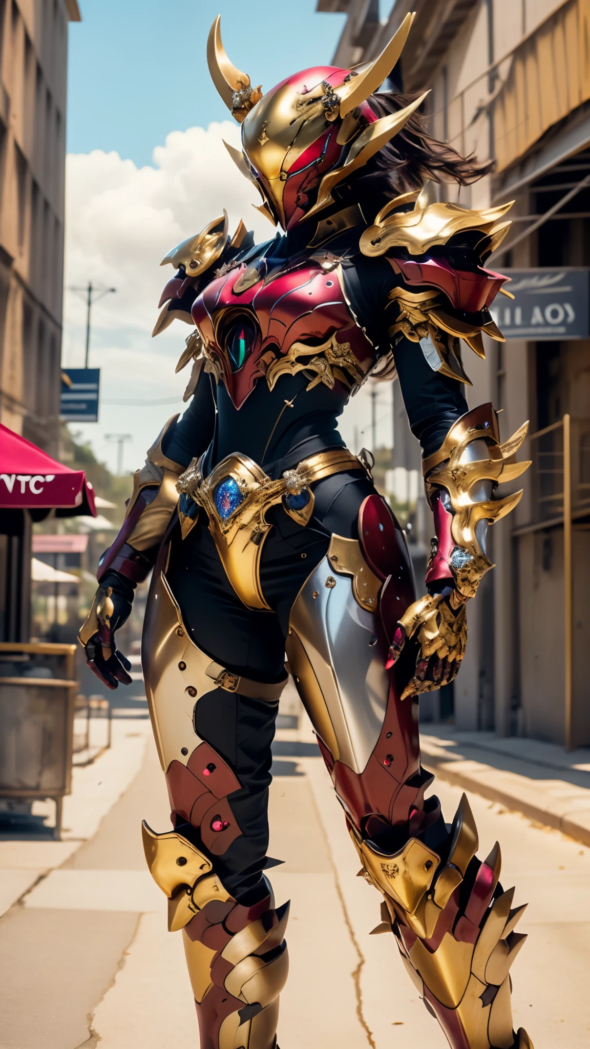 A woman adorned in fantasy-style full-body armor, a crown-concept fully enclosed helmet that unveils only her eyes, a composite layered chest plate, fully encompassing shoulder and hand guards, a lightweight waist armor, form-fitting shin guards, the overall design is heavy-duty yet flexible, ((the armor gleams with a golden glow, complemented by red and blue accents)), exhibiting a noble aura, she floats above a fantasy-surreal high-tech city, this character embodies a finely crafted fantasy-surreal style armored hero in anime style, exquisite and mature manga art style, (Queen bee mixed with Spider concept Armor, plasma, blood), ((Element, energy, elegant, goddess, femminine:1.5)), metallic, high definition, best quality, highres, ultra-detailed, ultra-fine painting, extremely delicate, professional, anatomically correct, symmetrical face, extremely detailed eyes and face, high quality eyes, creativity, RAW photo, UHD, 32k, Natural light, cinematic lighting, masterpiece-anatomy-perfect, masterpiece:1.5