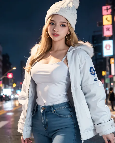 1girl, (Blue Eyes), (smiling :1.2), (closed white furry jacket :1.3), (beautiful makeup :1.1), (Sana Minatozaki), wide hips, big...