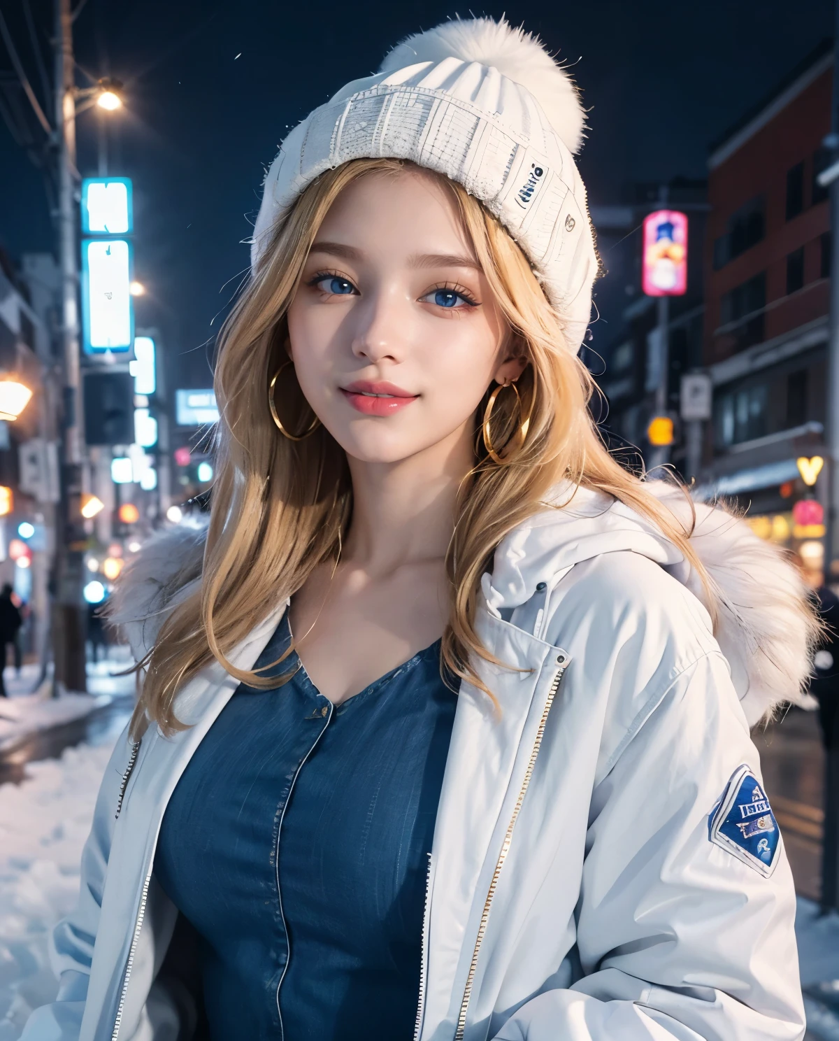 1girl, (Blue Eyes), (smiling :1.2), (closed white furry jacket :1.3), (beautiful makeup :1.1), (Sana Minatozaki), wide hips, big ass, (Best Quality, 8k, Masterpiece: 1.3), Clear Focus: 1.2, Perfect Body Beauty: 1.4, Highly detailed face and skin texture, detailed eyes, double eyelids, red lips, (blond long hair), closeup of face :1.3, jeans, golden earrings, winter hat, portrait, standing, dynamic pose, in the Shibuya neighborhood of Japan at night, snowy night