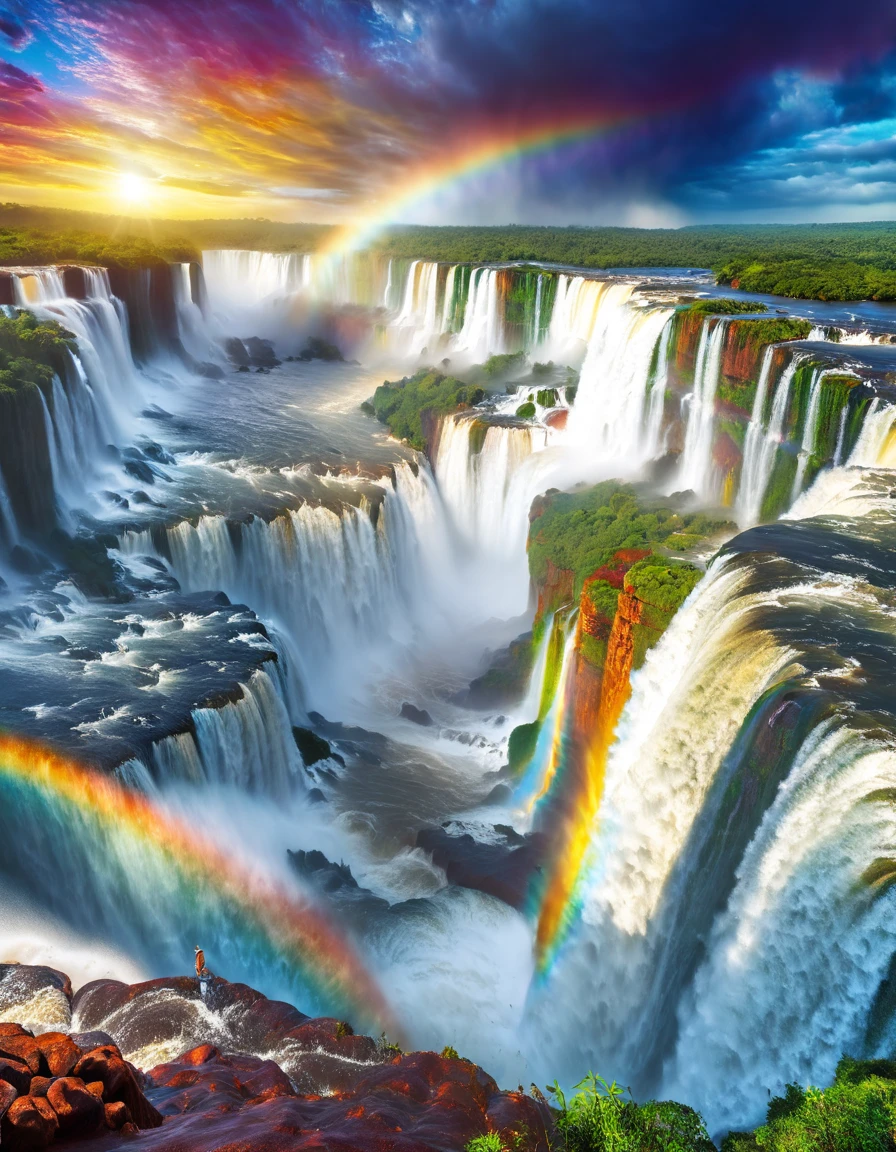 Iguazu Falls, natural beauty, epic, Hyperdetailed Photography, art by mooncryptowow, rainbow