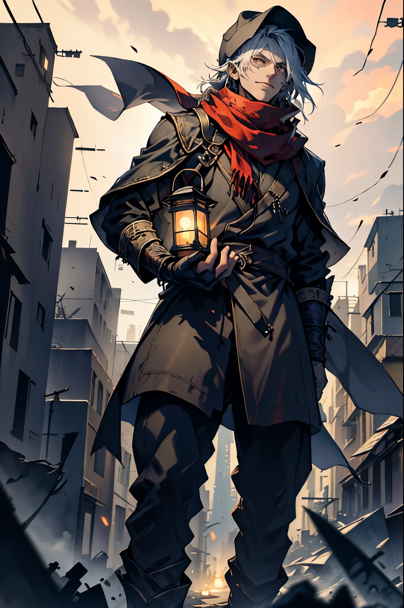 A man in a hat and scarf against the backdrop of a destroyed city, (carries a lantern and a dagger), (dagger in right hand), (lantern in left hand), Vorishka, Tricky glance, full height