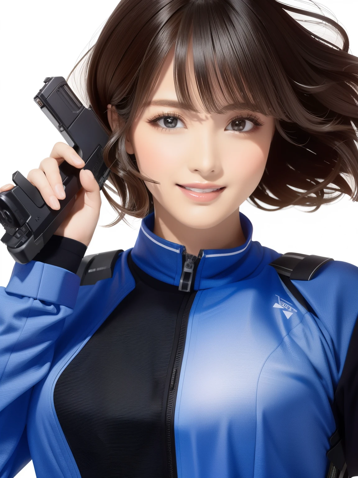 High quality ultra-realistic female images.  The woman is of mixed Native American and Jewish descent..  powerful features, Fair skin.  dark brown curly hair, black eyes.  A woman is wearing a semi-futuristic combat uniform.  she has a gun and knife strapped to her body.  beautiful woman is smiling.  her eyes glitter with hatred.