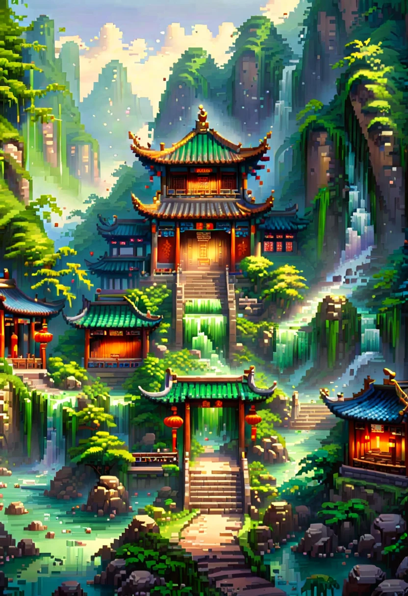 (Estilo de arte do jogo Pixel:1.2)，(obra de arte, melhor qualidade:1.2), Uma cena de tirar o fôlego da famosa e bela cachoeira da China, exibindo seu fluxo majestoso em meio a uma exuberante, paisagem vibrante. A cachoeira cai sobre penhascos íngremes, cercado por florestas densas e névoa subindo da zona de impacto. Arquitetura tradicional chinesa, como pavilhões ou pontes, integra-se sutilmente à cena, melhorando a harmonia cultural e natural. A imagem captura a essência da tranquilidade e o poder inspirador da natureza, com água cristalina brilhando sob a luz do sol, criando um cenário sereno e pitoresco que resume a beleza suprema das paisagens chinesas.