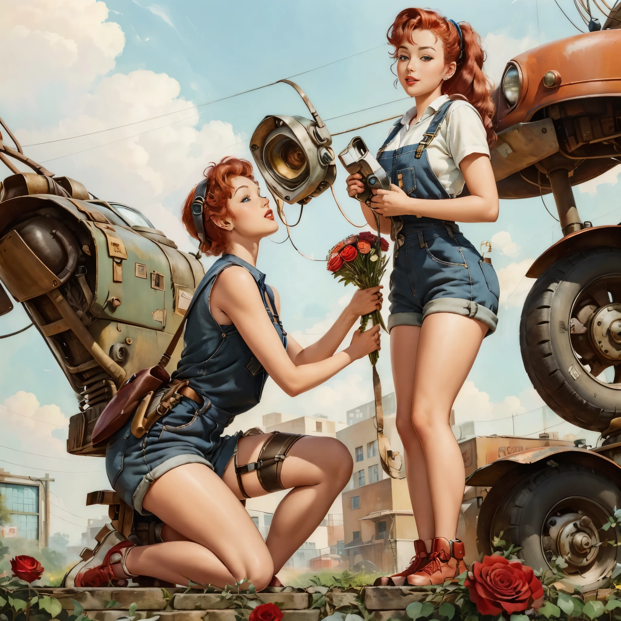 Pinup masterpiece, An old rusty robot is on his knee, giving a bouquet of roses to a red-haired girl in a mechanic's overalls. In the background is the courtyard of a robot repair shop. Sunny, dynamic light