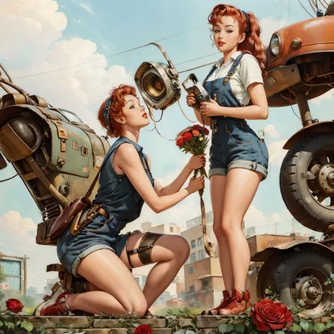 Pinup masterpiece, An old rusty robot is on his knee, giving a bouquet of roses to a red-haired girl in a mechanic's overalls. I...