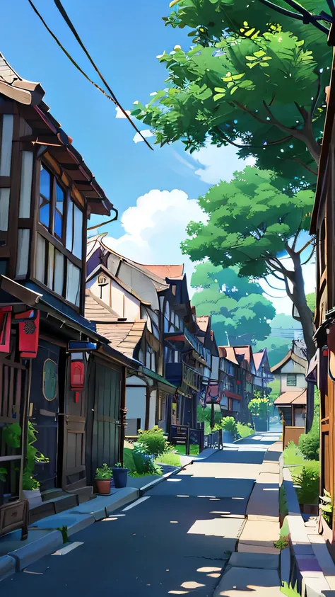 anime - style street scene with a tree and houses in the background, anime background art, style of makoto shinkai, japanese str...