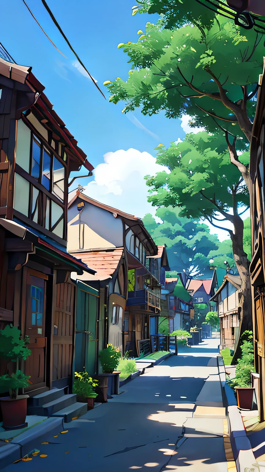 anime - style street scene with a tree and houses in the background, anime background art, style of makoto shinkai, japanese street, anime countryside landscape, beautiful anime scenery, anime scenery concept art, japanese neighborhood, anime scenery, residential area, beautiful anime scene, japanese town, makoto sinkai, studio glibly makoto shinkai, anime background