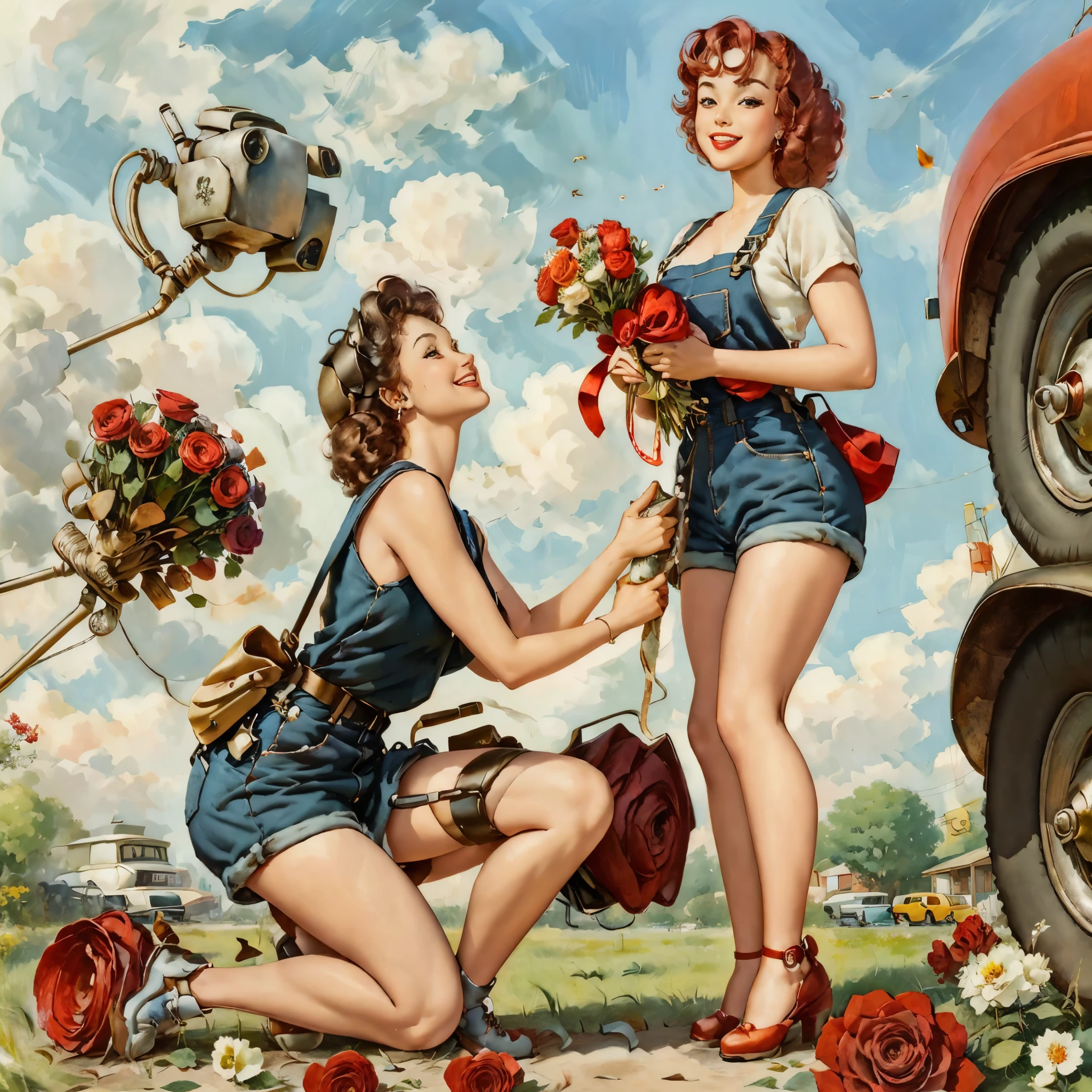 Chef-d&#39;œuvre de pin-up, Vieux robot rouillé debout sur un genou, robot donnant un bouquet de roses à une fille aux cheveux roux et bouclée en combinaison de mécanicien, Fille souriante, Dans la cour de fond d’un atelier de réparation de robots. ensoleillé, lumière dynamique