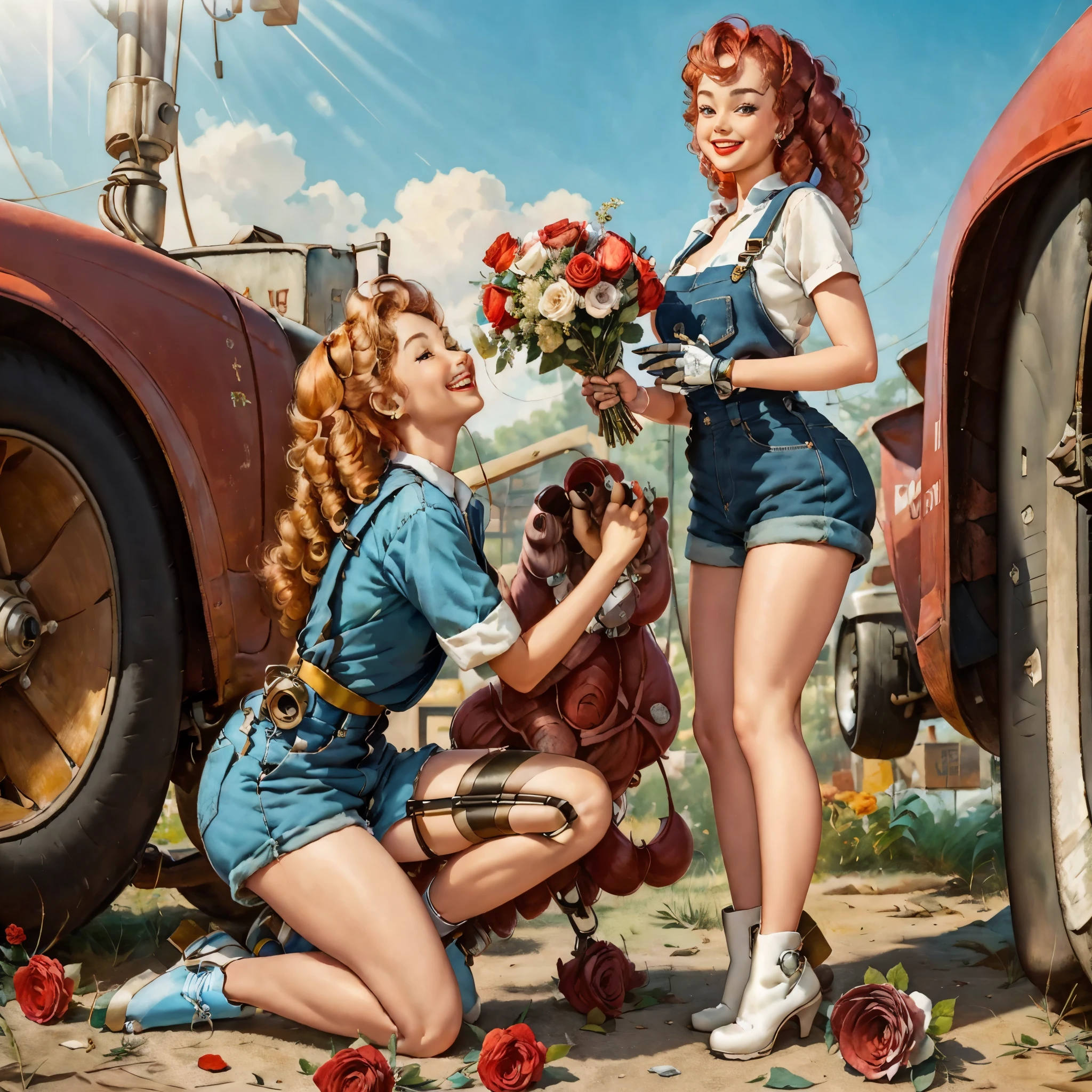 Chef-d&#39;œuvre de pin-up, (robot anthropomorphe rouillé) debout sur un genou, robot donnant un bouquet de roses à une fille aux cheveux roux et bouclée en combinaison de mécanicien, Fille souriante, Dans la cour de fond d’un atelier de réparation de robots. ensoleillé, lumière dynamique