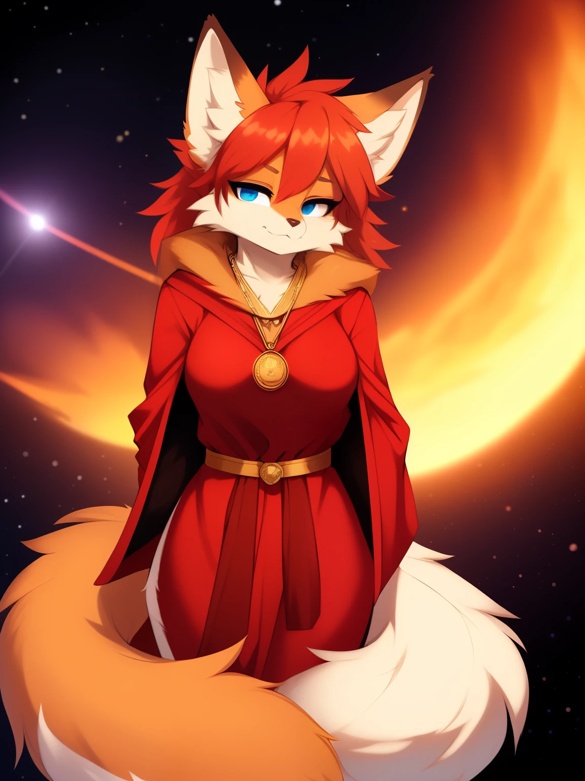 ((masterpiece, best quality)) by zackary911,zackary911, fluff-kevlar, by fluff-kevlar, anthro fox, female, solo, one character, fuury character, furry female. blue eyes, very big ears, red robe. gold medallion, orange fur. fluffy fur, big tail, serious face, space background