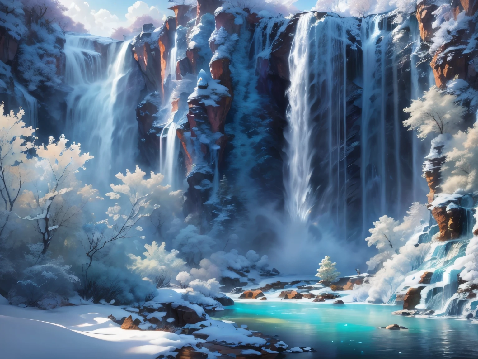 (La beste Qualität,Hohe Auflösung,Super detailliert,tatsächlich)，Wasserfall aus Gelee，Schnee，（（Ein Meisterwerk voller Fantasy-Elemente）））， （（beste Qualität））， （（komplizierte Details））（8k）