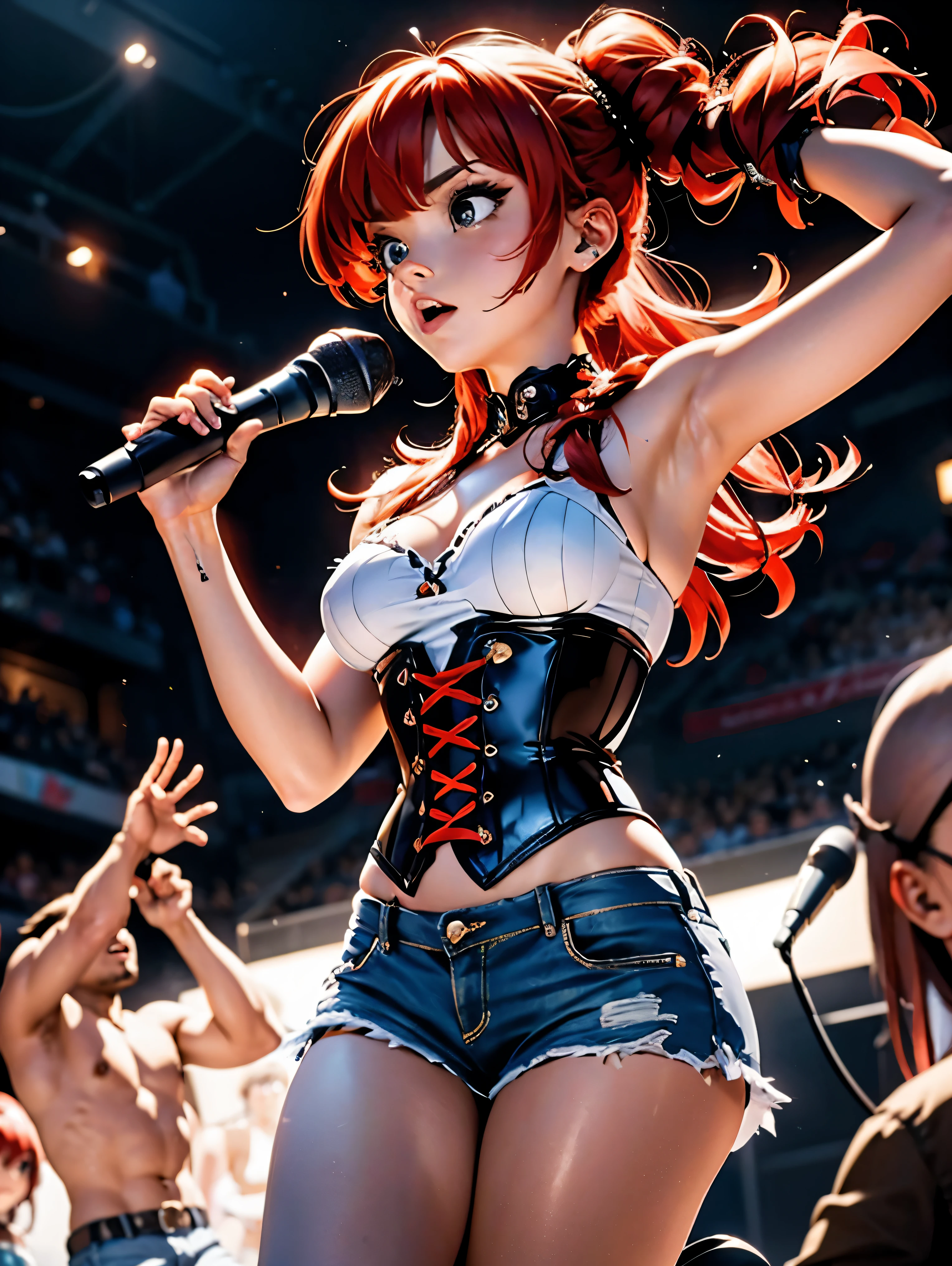 Pelirroja anime chica cantante de rock, in denim shorts and black corset and micrófono in hand, 15 años, cuerpo bonito, senos grandes, cantando gritando no micrófono, estilo heavy metal, Tema musical de Iron Maiden, chica sexy, red pelo con trenza, hermosa iluminación, sombras suaves, ojos azules, bonitas piernas, pelo con trenza, estilo anime, Ranma Chan, Autora Rumiko Takahashi, Basado en una obra de Rumiko Takahashi, Anime Ranma 1/ 2, decoración sexy, cadera robusta, cuerpo entero, cuerpo entero, busto grande, chica joven con cuerpo hermoso y hermoso, sandalias en sus pies, garota 15 años jovem baixa estatura, vistiendo pantalones cortos de mezclilla y corsé, chica anime, estilo anime, bota negra, Ángulo de visión de 45°, al aire libre, trenza de pelo vermelho, grande , gran pecho, trenza de pelo, chica cantante de rock, Música heavy metal, pelo trenzado arrastrado por el fuerte viento, micrófono, Tocando guitarra, viento fuerte, guitarra preta