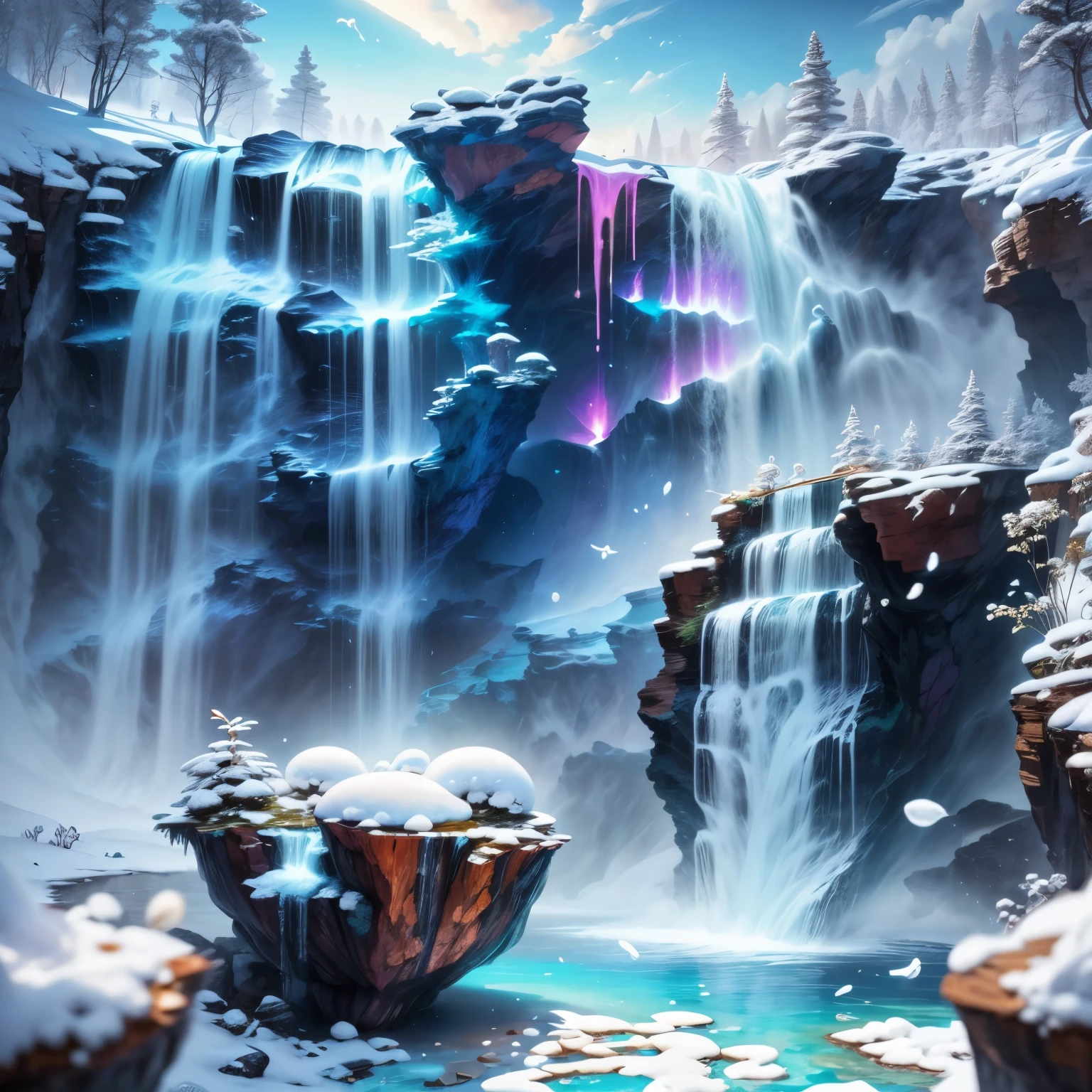 (La beste Qualität,Hohe Auflösung,Super detailliert,tatsächlich)，Wasserfall aus Gelee，Schnee，（（Ein Meisterwerk voller Fantasy-Elemente）））， （（beste Qualität））， （（komplizierte Details））（8k）