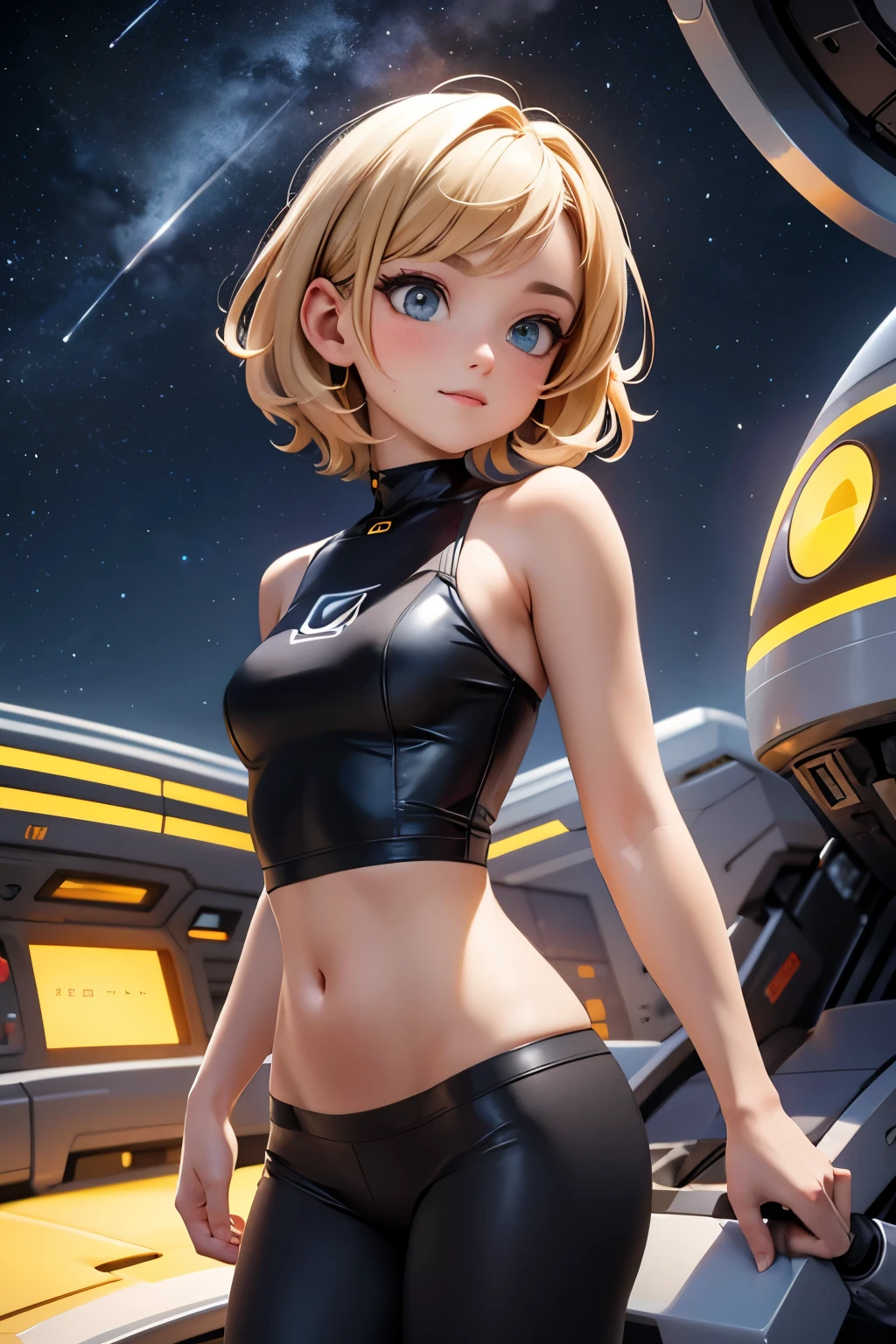 Portrait of a teenage girl. Her hair is short and blonde. She is wearing a tight little black top and bottom. The background is a space city.