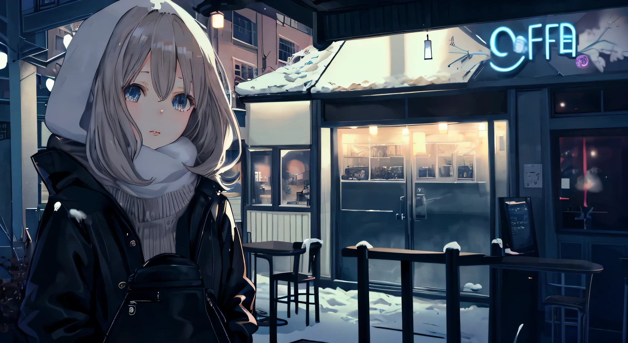 Anime girl wearing winter clothes standing in front of coffee shop,Don't draw hands， anime style 4 k, mysterious cafe girl, cold snow outside, night nucleus, 4k anime wallpaper,, anime background, anime style. 8k, anime girl desktop background, Anime visual of a cute girl, cold, anime wallpaper 4k, anime wallpaper 4k