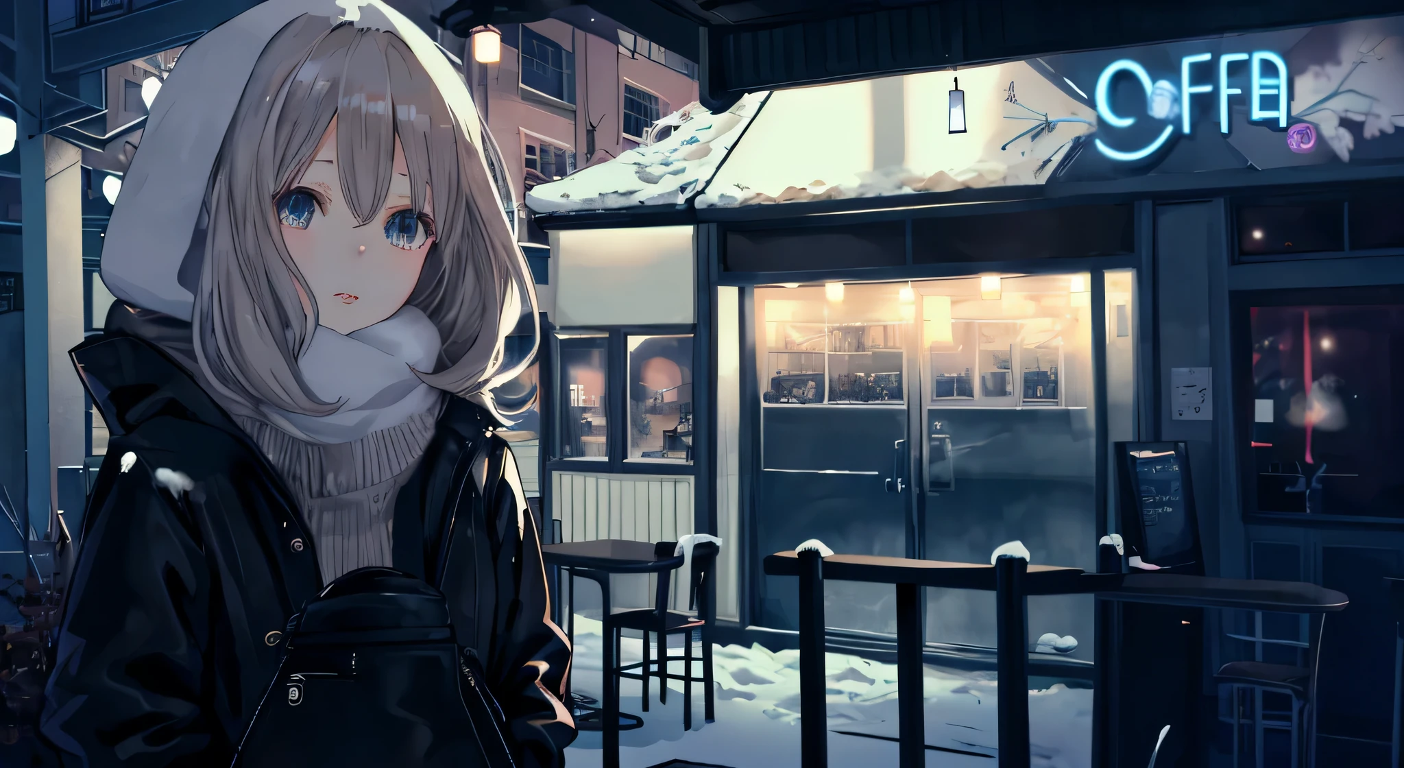 Une fille d'anime vêtue de vêtements d'hiver debout devant un café,Ne dessine pas de mains， Style animé 4 k, mystérieuse fille de café, froid snow outside, noyau de nuit, Fond d&#39;écran animé 4K,, fond d&#39;anime, Style animé. 8k, fond d&#39;écran de fille animée, visuel animé d&#39;une jolie fille, froid, fond d&#39;écran animé 4k, fond d&#39;écran animé 4k