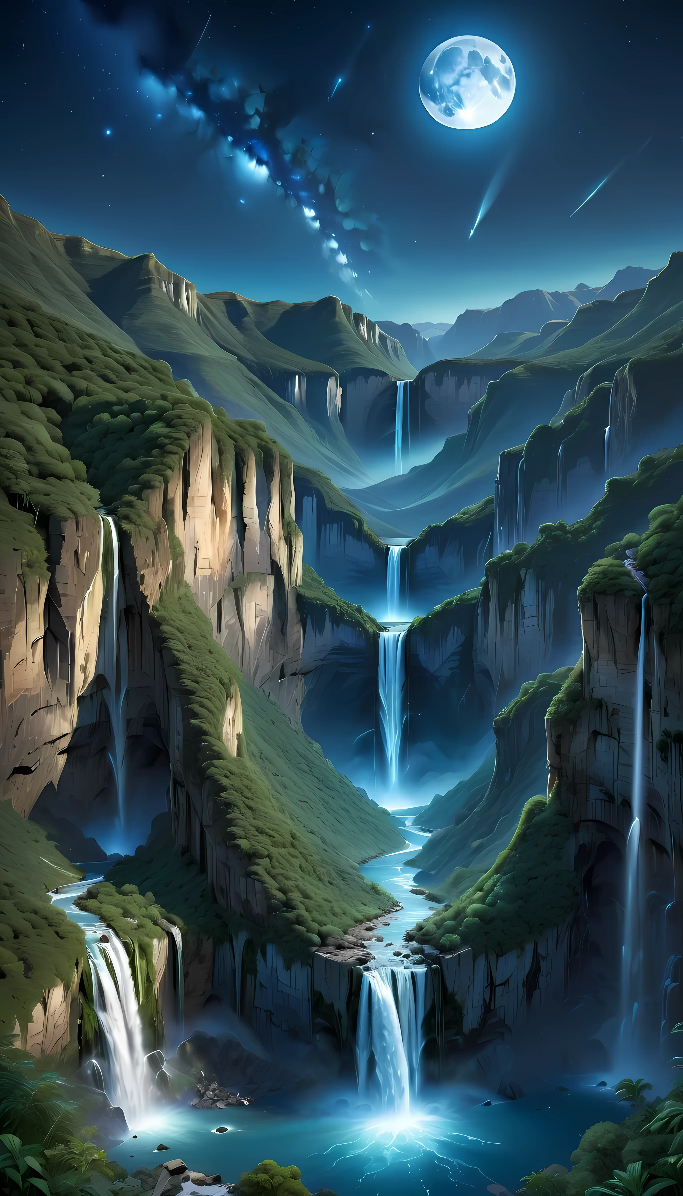 Towering steep and towering high waterfall cliff garden wild, asymmetric waterfall canyon,
Coexistence with the natural environment, waterfall canyon night, clear night sky, meteors across, moonlight, extremely detailed, best quality, masterpiece, high resolution, Hyperrealistic, 8K, top-view,  high angle view, Blue Color Palette, Minimalism.