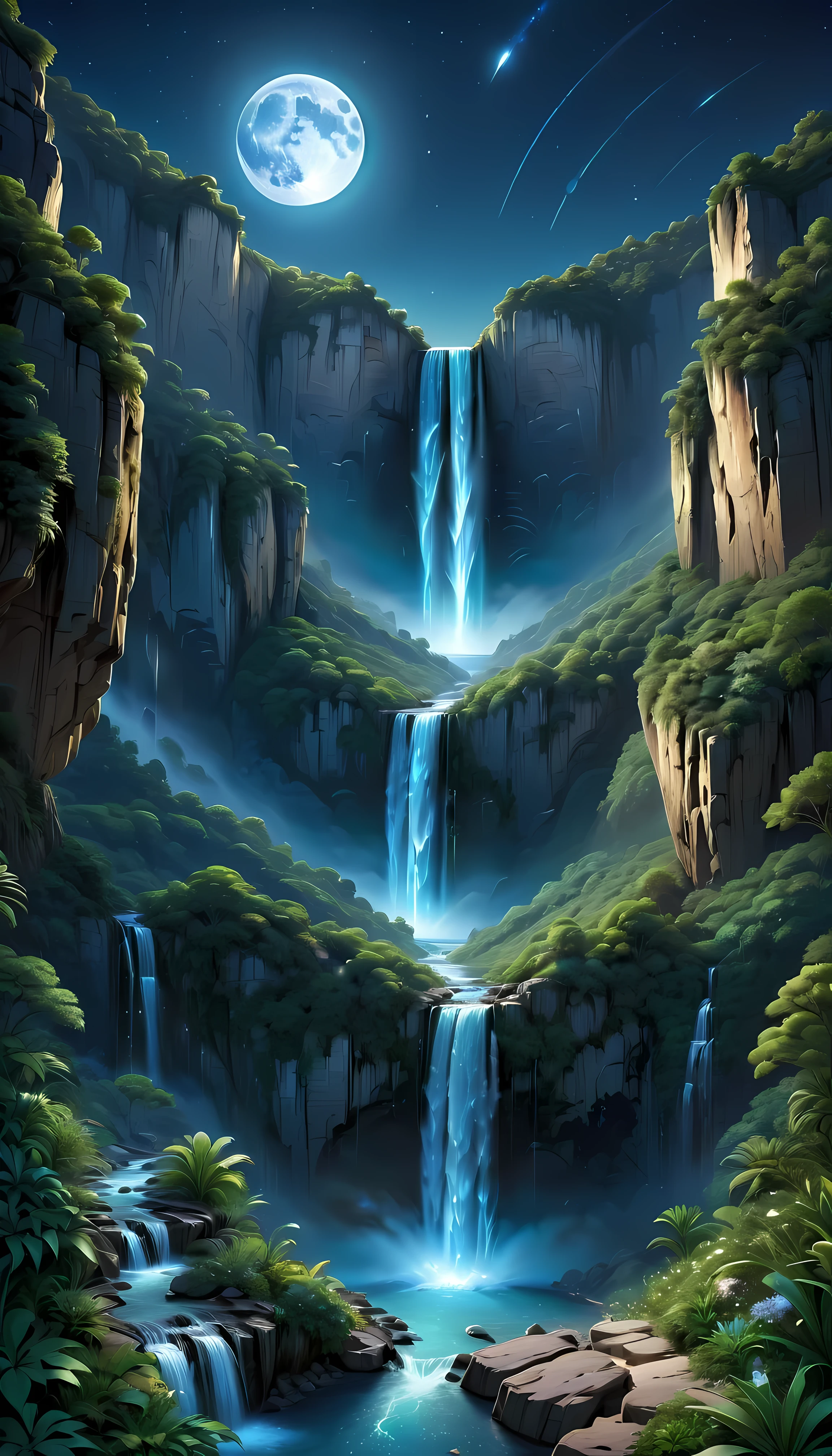 險峻高聳的瀑布懸崖花園野趣, 不對稱的瀑布峽谷,
與自然環境共存, 瀑布峽谷夜景, 晴朗的夜空, 流星劃過, 月光, 非常詳細, 最好的品質, 傑作, 高解析度, 超寫實, 8K, 頂視圖,  高角度視圖, 藍色調色板, 極簡主義.