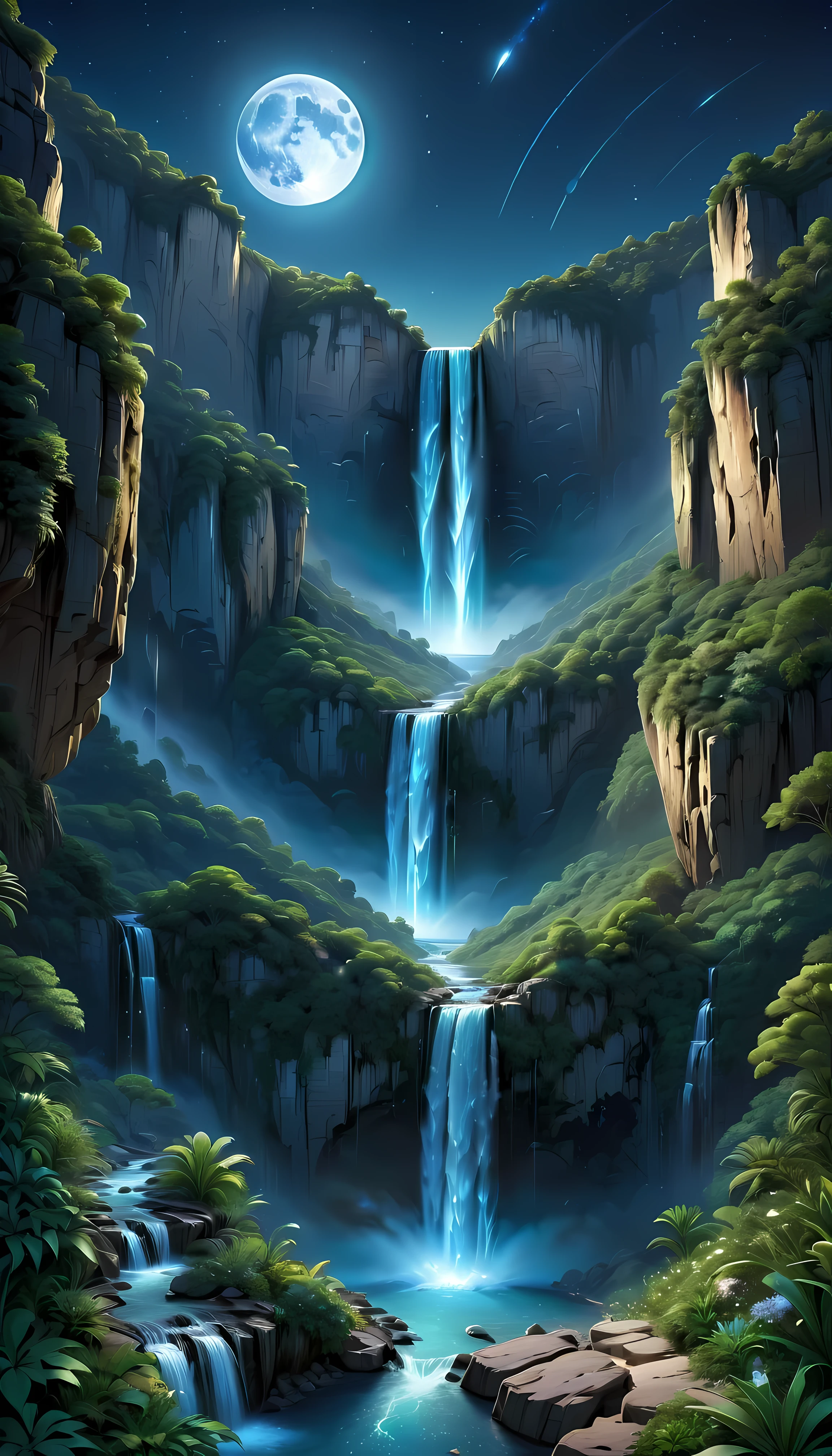 Towering steep and towering high waterfall cliff garden wild, asymmetric waterfall canyon,
Coexistence with the natural environment, waterfall canyon night, clear night sky, meteors across, moonlight, extremely detailed, best quality, masterpiece, high resolution, Hyperrealistic, 8K, top-view,  high angle view, Blue Color Palette, Minimalism.