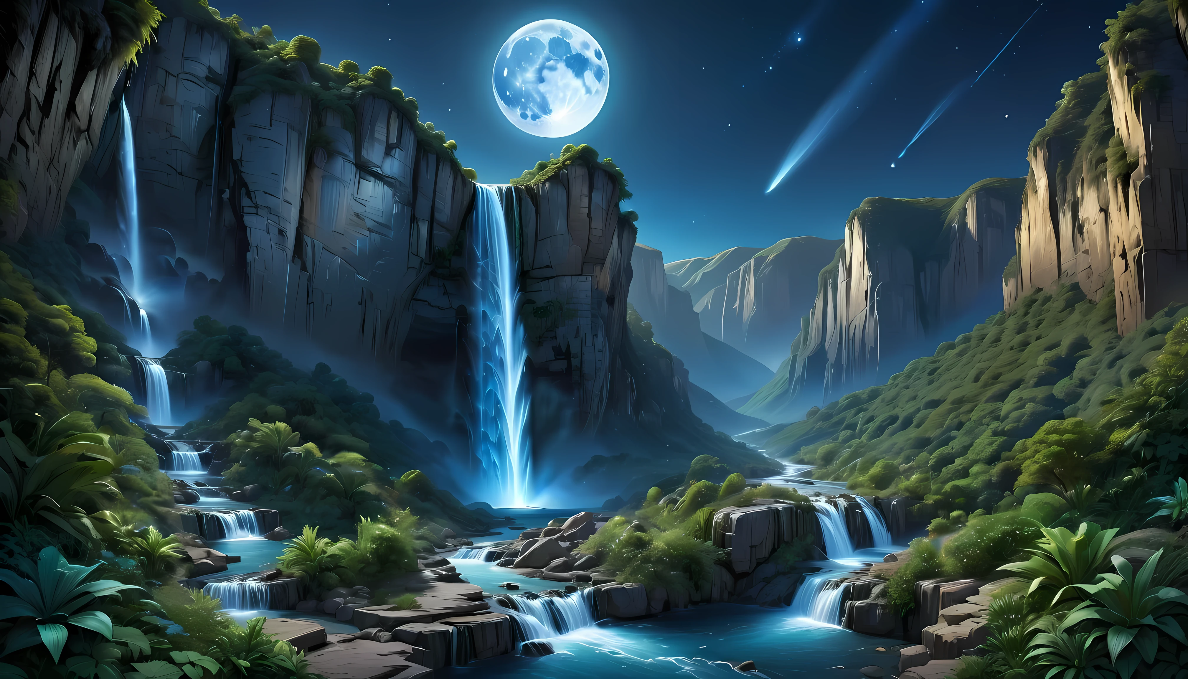 巍峨险峻、巍峨高大的瀑布悬崖花园野外, 不对称瀑布峡谷,
与自然环境共存, 瀑布 峡谷 夜晚, 晴朗的夜空, 流星划过, 月光, 极其详细, 最好的质量, 杰作, 高分辨率, 超现实主义, 8千, 顶视图,  高角度视图, 蓝色调色板, 极简主义.