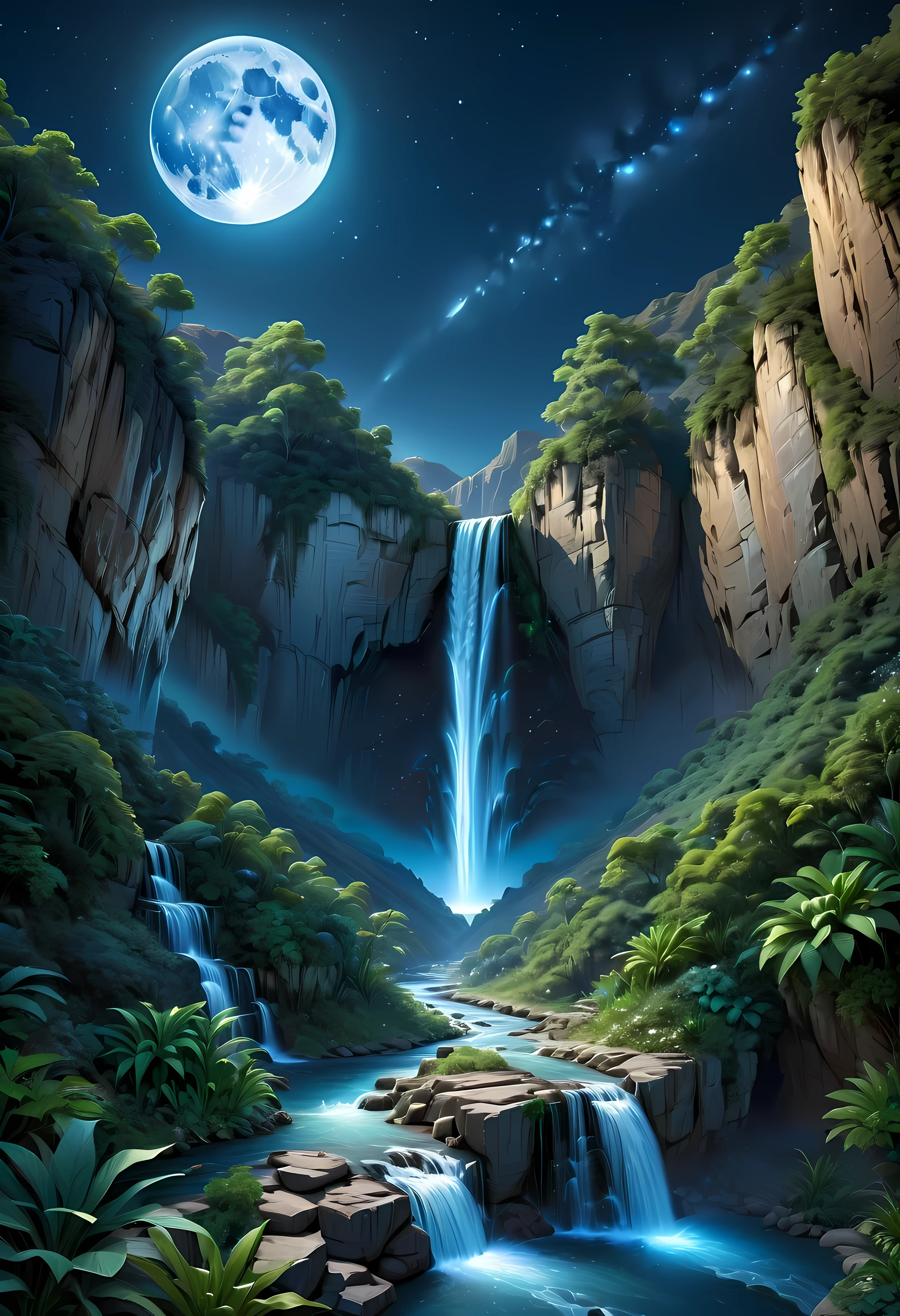 Возвышающийся крутой и высокий водопад, скалистый сад, дикий, Асимметричный каньон с водопадом,
Сосуществование с природной средой, водопад каньон ночь, ясное ночное небо, метеоры через, лунный свет, чрезвычайно подробный, Лучшее качество, шедевр, высокое разрешение, Гиперреалистичный, 8К, вид сверху,  вид под высоким углом, Синяя цветовая палитра, минимализм.