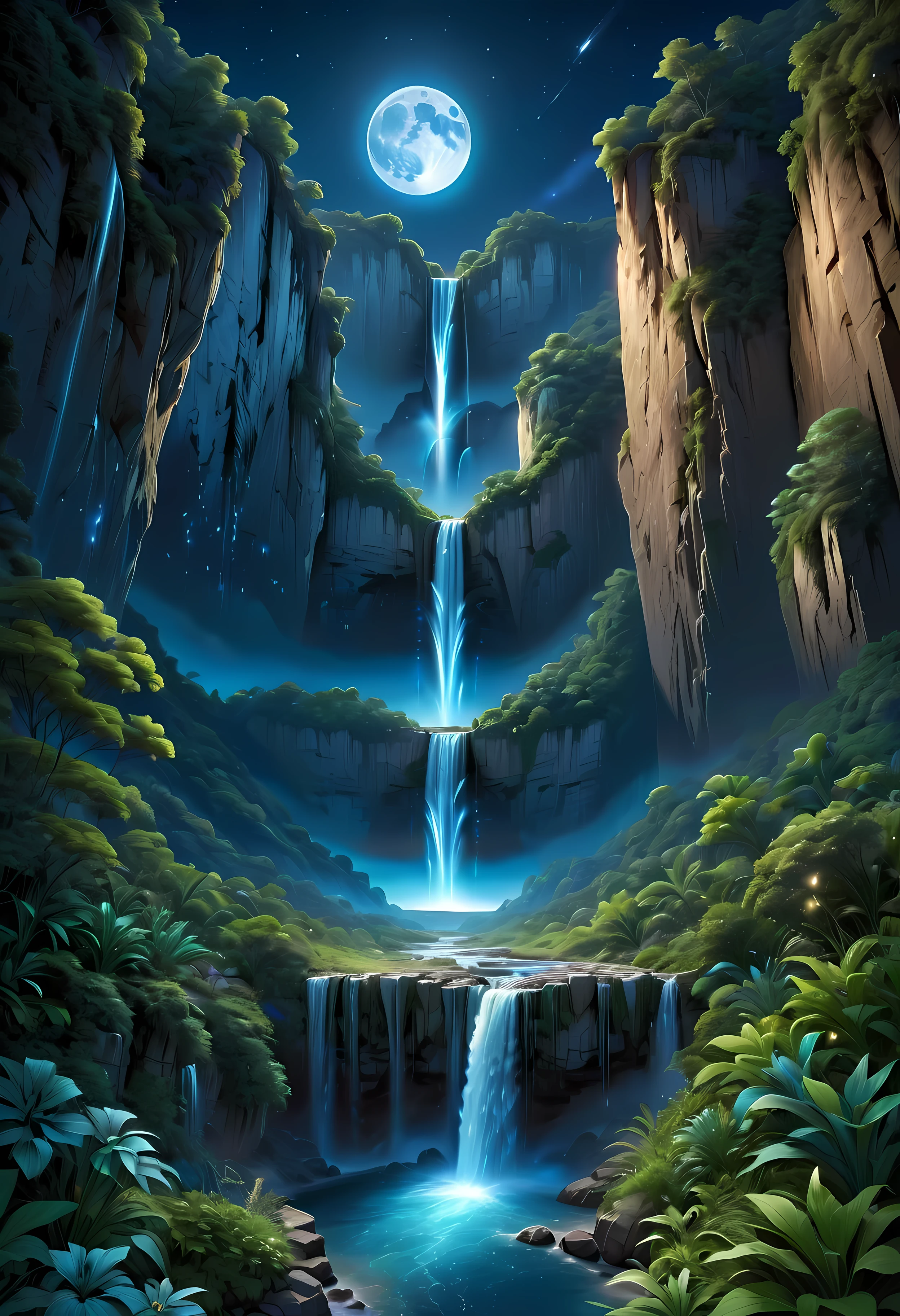 Towering steep and towering high waterfall cliff garden wild, asymmetric waterfall canyon,
Coexistence with the natural environment, waterfall canyon night, clear night sky, meteors across, moonlight, extremely detailed, best quality, masterpiece, high resolution, Hyperrealistic, 8K, top-view,  high angle view, Blue Color Palette, Minimalism.