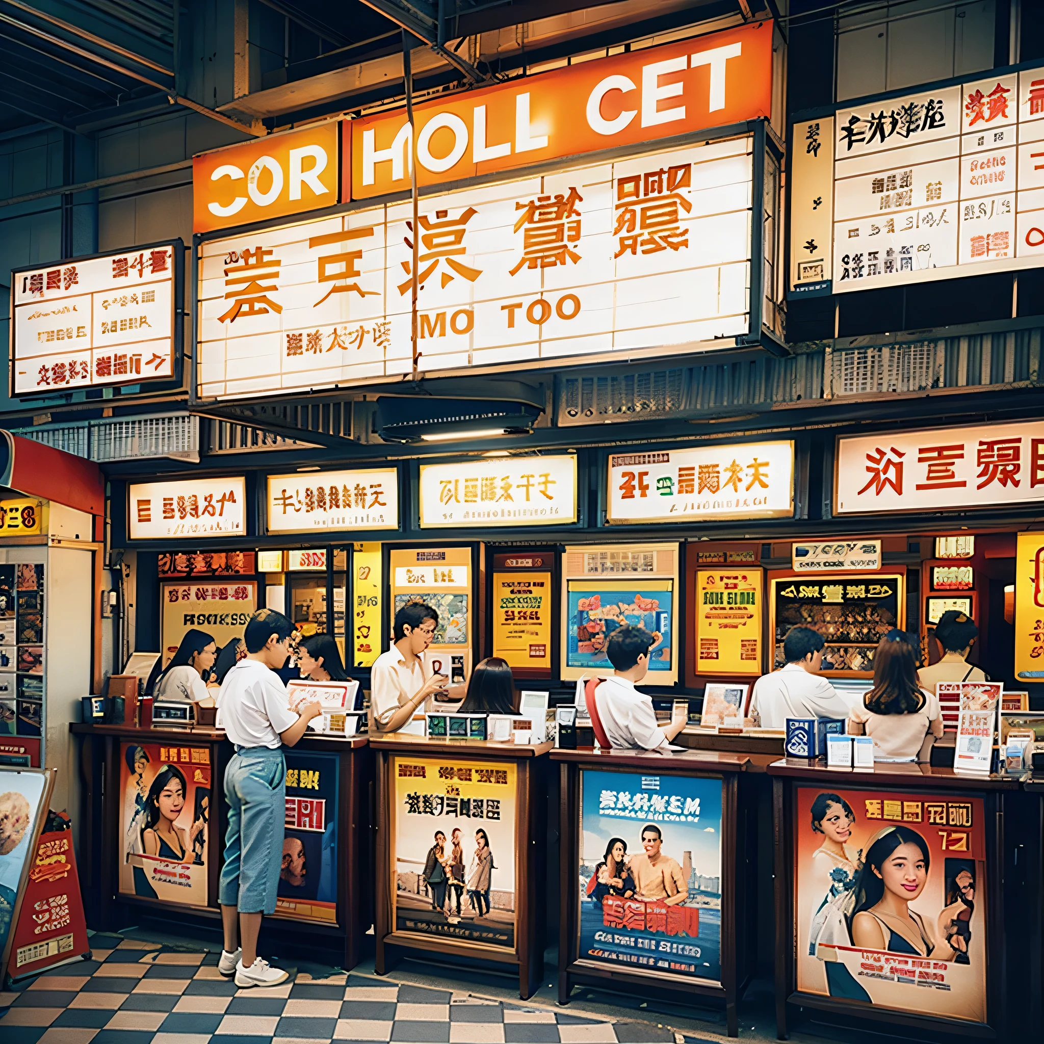 Menschen stehen vor dem Kino und halten Plakate, Straßenfotografie mit Farbfilm, Standbilder aus Kowloon, 35mm - Breite 1920 - Höhe 1080, Vintage-Filme, Hyperrealistische Filmfotografie, Farbfilmfotografie, Filmfotografie in den 1970er Jahren, Farbfilmfotografie 1970s, arbeiten. Autor：Leng Jun