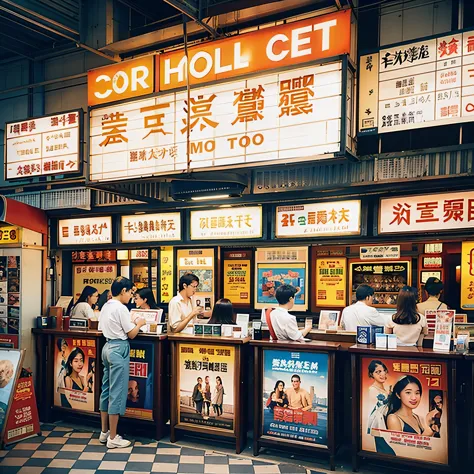 People standing in front of the cinema holding posters, Color film street photography, Kowloon stills, 35mm - width 1920 - heigh...
