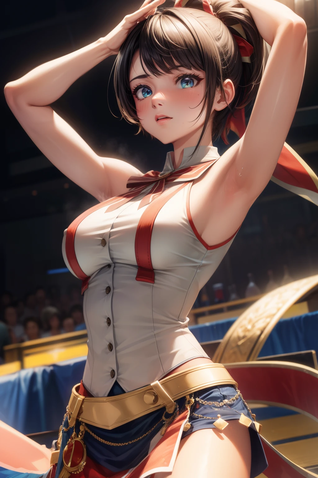 8K high resolution,detailed face,Detailed BPDY,perfect body,super high quality,1 girl,sleeveless shirt,Raise the hand,armpit, sweating