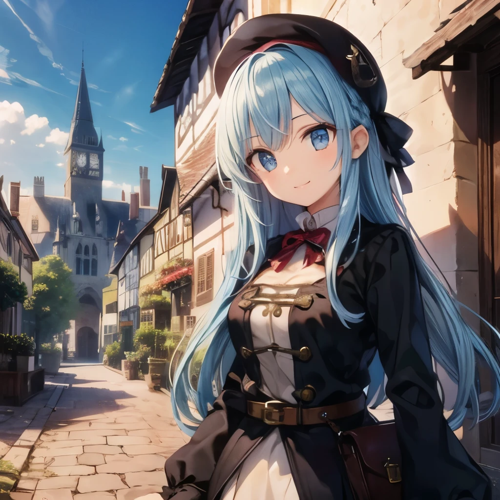 14th century), (medieval fantasy), (stone medieval german town),cobblestone road,pretty girl, beautiful girl, beautiful face, round eyes, highest quality, Super detailed, smile, steampunk,long sleeve,layered skirt, bright sky blue hair,long hair, belt,beret,Pouch,boots,