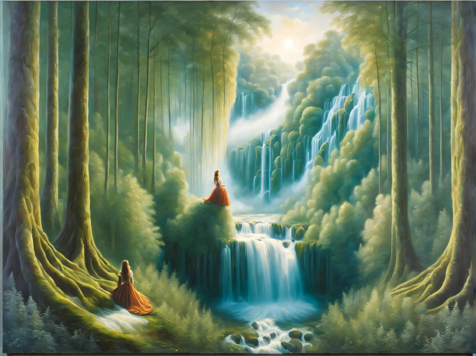 Oil painting on canvas Oil painting on canvas with double exposure effect, (in the foreground is the dreamy face of a beautiful elf with a wicker floral wreath on her head), (in the background there is a landscape of a beautiful forest waterfall under the morning sun), High detail, A high resolution, maximum realism, Hugh Douglas Hamilton, Alexey Savrasov, Fedor Vasiliev, Rob Gonsalves, Peder Monstead,