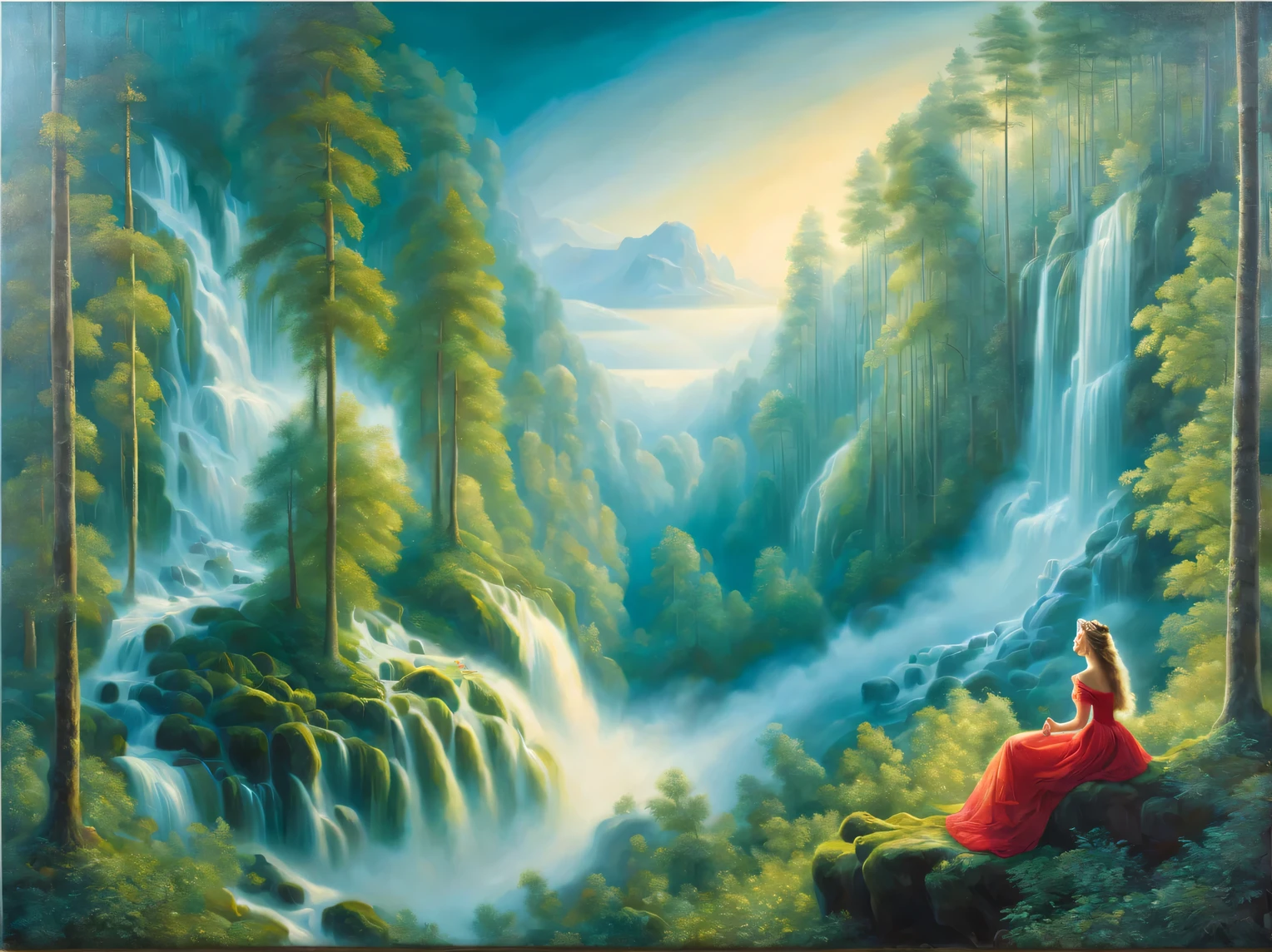 Oil painting on canvas oil painting on canvas with double exposure effect, a beautiful southern princess dreams of a beautiful forest waterfall, forest waterfall like a misty dream of a beautiful princess in the background, Hugh Douglas Hamilton, Alexey Savrasov, Fedor Vasiliev, Rob Gonsalves, Peder Monstead, double exposure:1.3