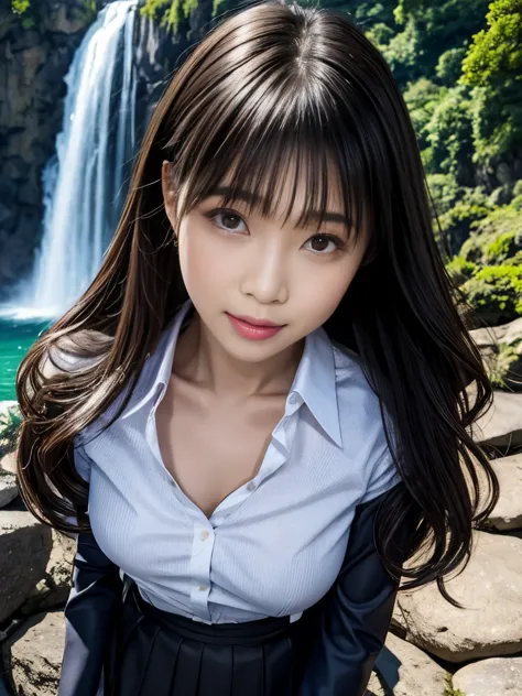 There is a woman in a skirt standing in front of the waterfall, Ren Iwakura, close up Ren Iwakura, Beside the waterfall, Shot wi...