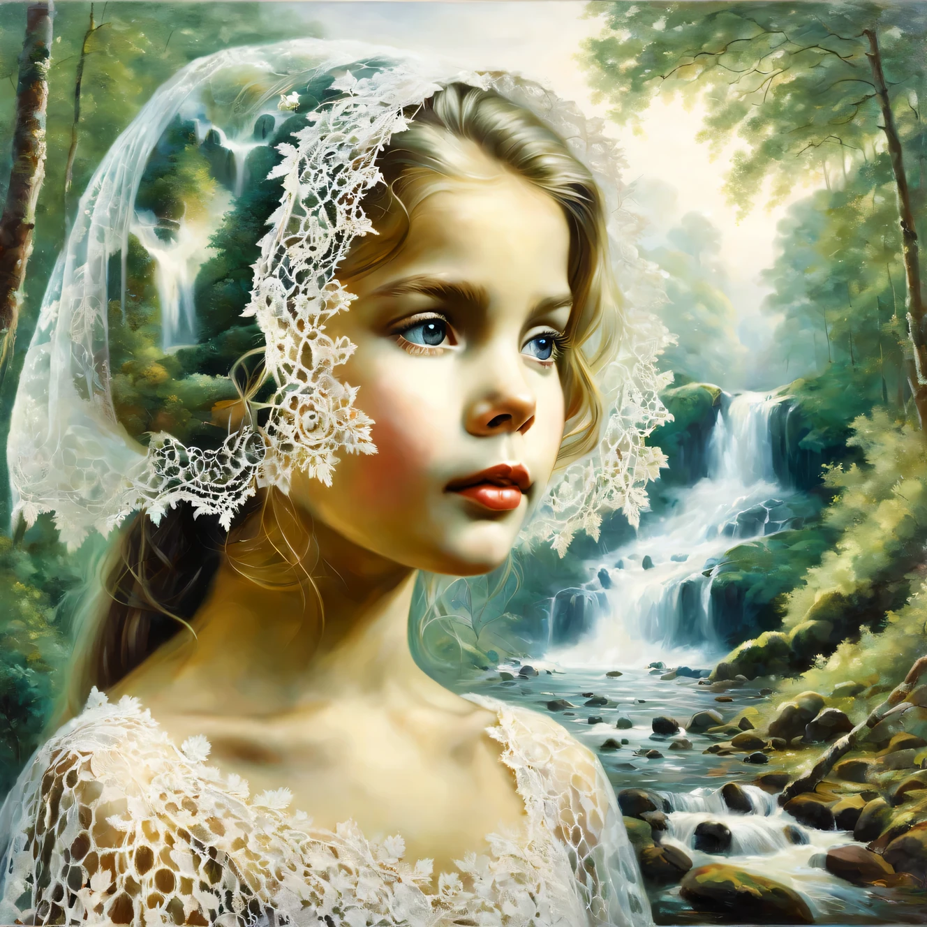 Oil painting on canvas oil painting on canvas with 二重露光効果, (前景には、頭にレースのケープをかぶった美しい少女の夢のような顔がある。), (背景には美しい森の滝と滝の近くの森の自然の断片のコラージュがあります), 高いディテール, 高解像度, 最大限のリアリズム, 二重露光効果:1.4, ヒュー・ダグラス・ハミルトン, アレクセイ・サブラソフ, ヒョードル・ワシリエフ, ロブ・ゴンサルベス, ピーダー・モンステッド,