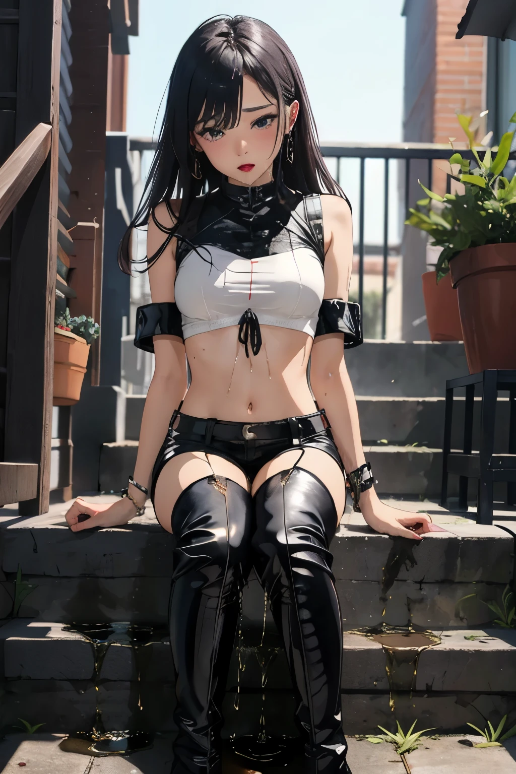 anime, best quality, high quality, highres, beautiful women, high detail, good lighting, lewd, hentai, (no nudity), ((((bike shorts)))), ((tight leather top)), ((((leather thigh high boots)))), bare midriff, (wet pants), (((wetting herself))), (((peeing herself))), (((peeing self))), (pee streaming down legs), peeing stain, (puddle), (thick thighs), nice long legs, lipstick, detailed face, pretty face, pretty hands, embarrassed blushing face, humiliated, ((sitting legs crossed)), hihelz