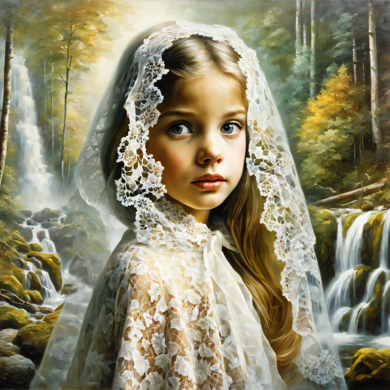 Oil painting on canvas Oil painting on canvas with double exposure effect, (in the foreground is the dreamy face of a beautiful elf with a wicker floral wreath on her head), (in the background there is a landscape of a beautiful forest waterfall under the morning sun), High detail, A high resolution, maximum realism, Hugh Douglas Hamilton, Alexey Savrasov, Fedor Vasiliev, Rob Gonsalves, Peder Monstead,