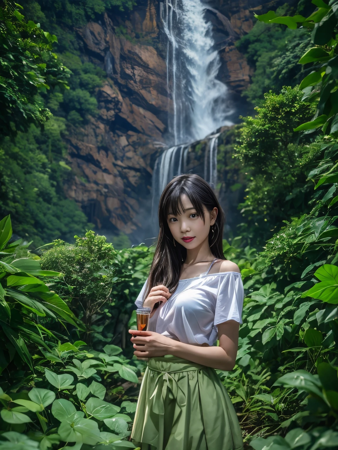 Il y a une femme en jupe debout devant la cascade, Ren Iwakura, gros plan sur Ren Iwakura, A côté de la cascade, tourné avec Canon EOS 5D, Il&#39;il pleut, Manger et boire, fragrance, tourné avec Canon EOS 5D, tourné avec Canon EOS 5D, Mayuri Shiina, Harumi