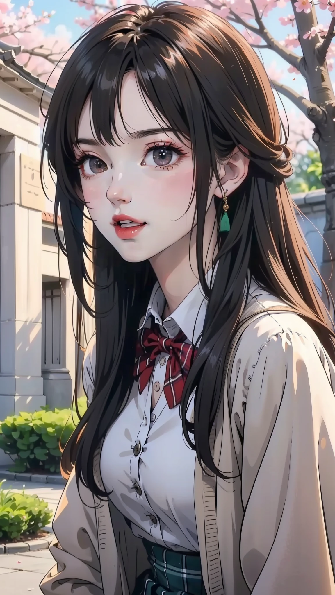 ((masterpiece, best quality, high resolution, ultra high definition, pixel perfect, depth of field, 4k, RTX, high dynamic range))), 1 girl, single, alone, beautiful anime girl, beautiful art style, anime characters, ((long hair, Bangs, brown hair, curls:0.8)), ((green eyes:1.4, round eyes, beautiful eyelashes, lifelike的眼睛)), ((Detailed face, blush:1.2)), ((smooth texture:0.75, lifelike的质感:0.65, lifelike:1.1, Anime CG style)), medium breasts, dynamic angle, Perfect body, ((leave, dynamic poses, portrait)), ((red bow tie, Uniforms, White shirt, brown cardigan, long sleeves, black skirt, Plaid skirt)), Smile, open mouth, amusement park, ((Cherry tree, Cherry blossoms fall)), Natural light, bright sky, Sunlight