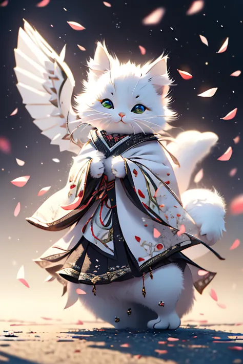 front, whole,  white fox face, white cat body, white snake face tail, white eagle wings, animal, four legs