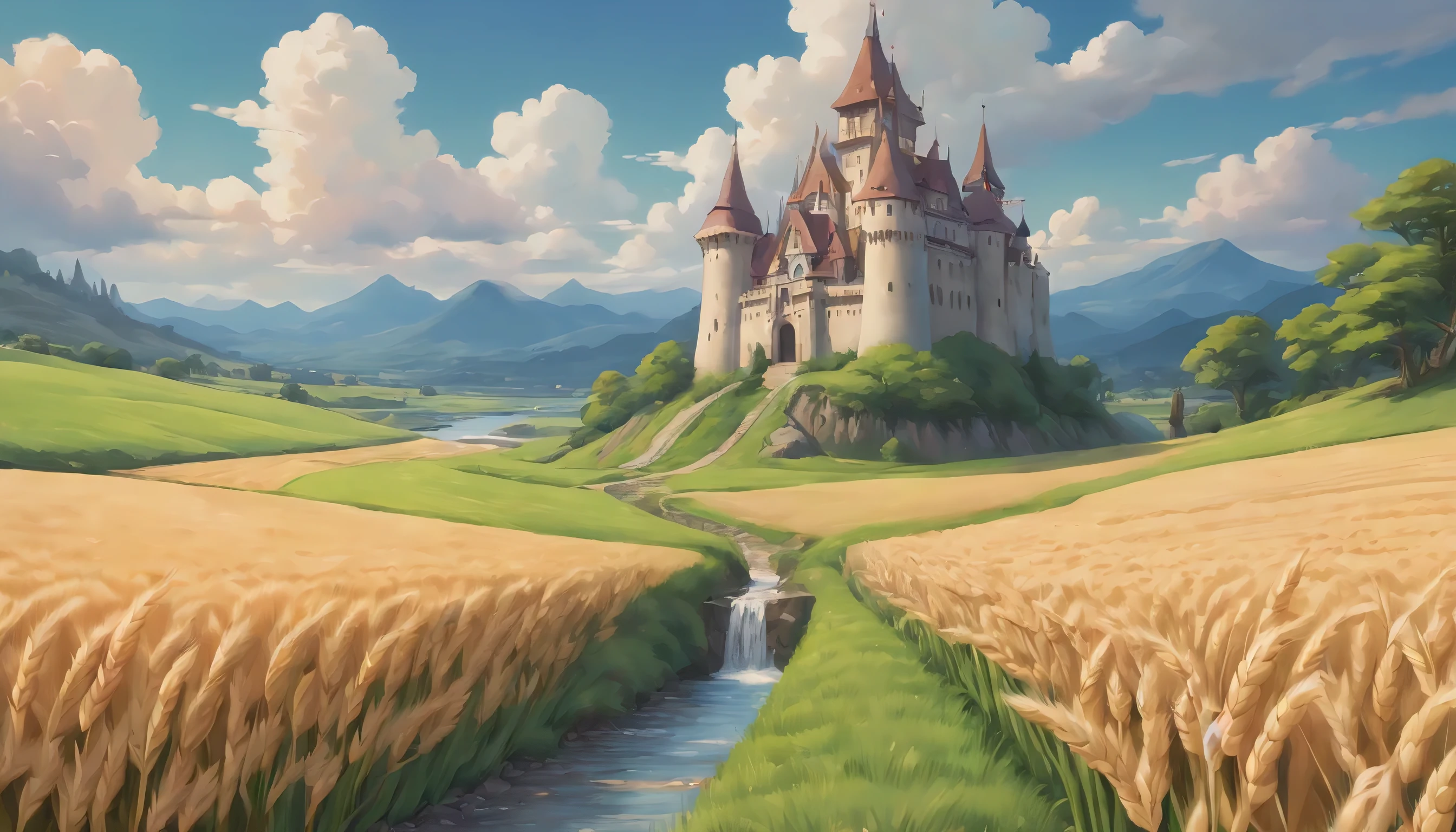 (((Best Quality))), high saturation, clear, reasonable structure, cartoon style, architecture, bridge, construction, castle, chimney, cloud, cloudy_sky, day, fantasy, door, grass, house, mountain, no_humans, outdoor, river, landscape, sky, sunset, tree, window, real, beautiful and amazing landscape oil painting Ghibli Studio Miyazaki's wheat field with blue sky and white clouds, wheat field, wheat