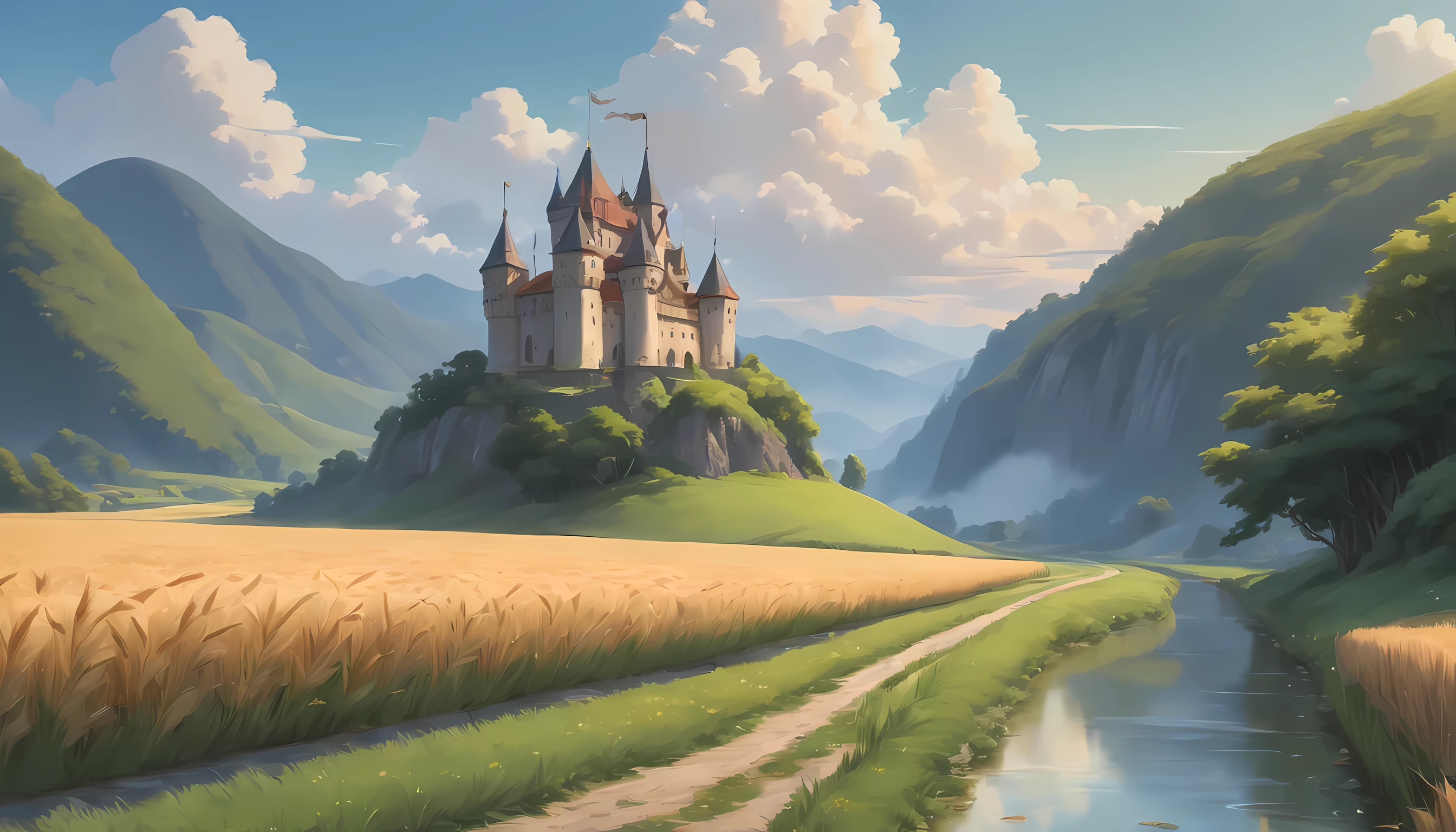 (((Best Quality))), high saturation, clear, reasonable structure, cartoon style, architecture, bridge, construction, castle, chimney, cloud, cloudy_sky, day, fantasy, door, grass, house, mountain, no_humans, outdoor, river, landscape, sky, sunset, tree, window, real, beautiful and amazing landscape oil painting Ghibli Studio Miyazaki's wheat field with blue sky and white clouds, wheat field, wheat