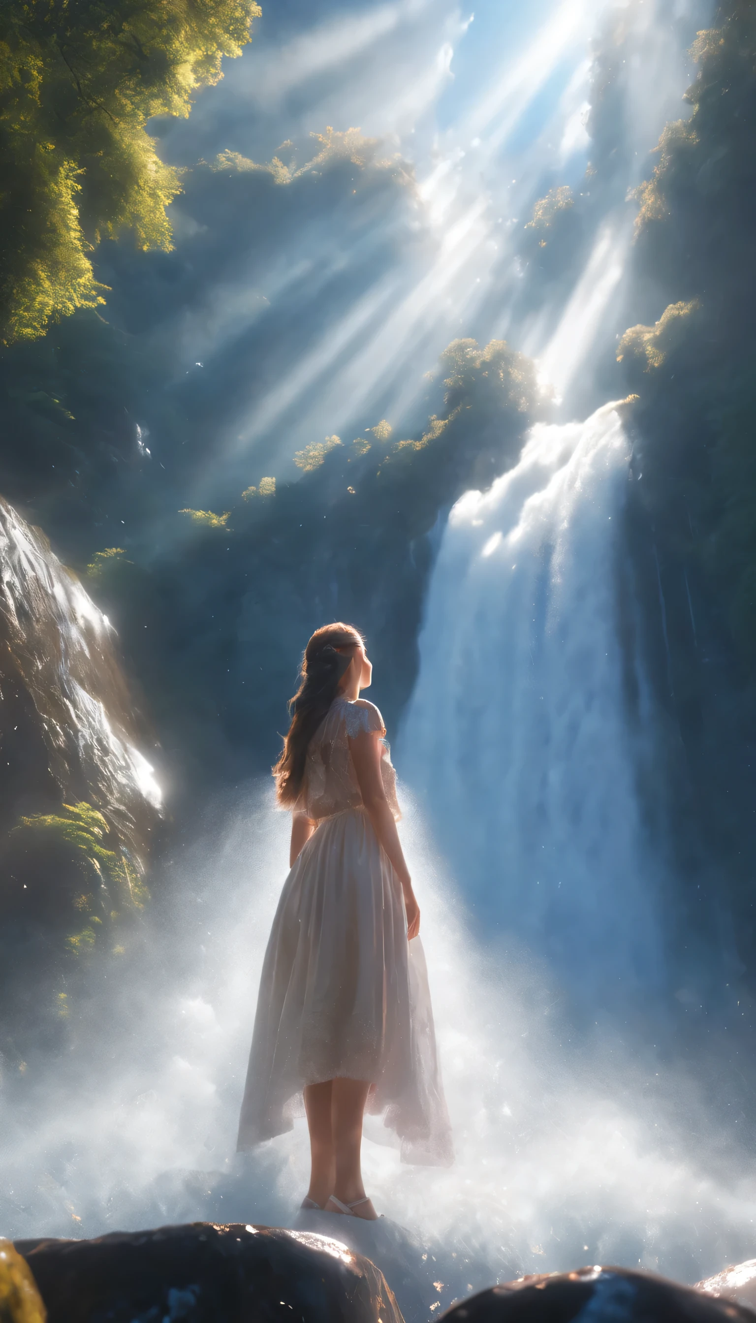 low angle view，The girl standing in front of the huge waterfall looks up，water vapor rising，sun glare spots，realistic raytracing，True light reflection，real light refraction，Ultra-fine，Surreal，Super dreamy，extreme portrayal，8k，masterpiece，