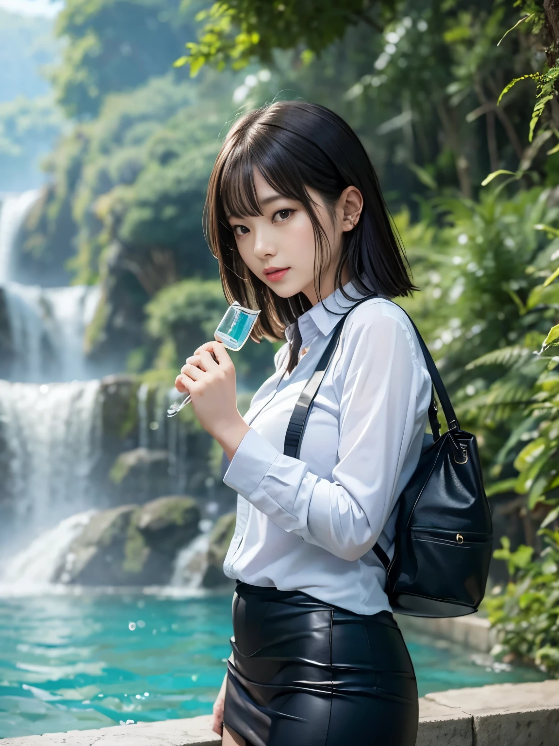 Il y a une femme en jupe debout devant la cascade, Ren Iwakura, gros plan sur Ren Iwakura, A côté de la cascade, tourné avec Canon EOS 5D, Il&#39;il pleut, Manger et boire, fragrance, tourné avec Canon EOS 5D, tourné avec Canon EOS 5D, Mayuri Shiina, Harumi