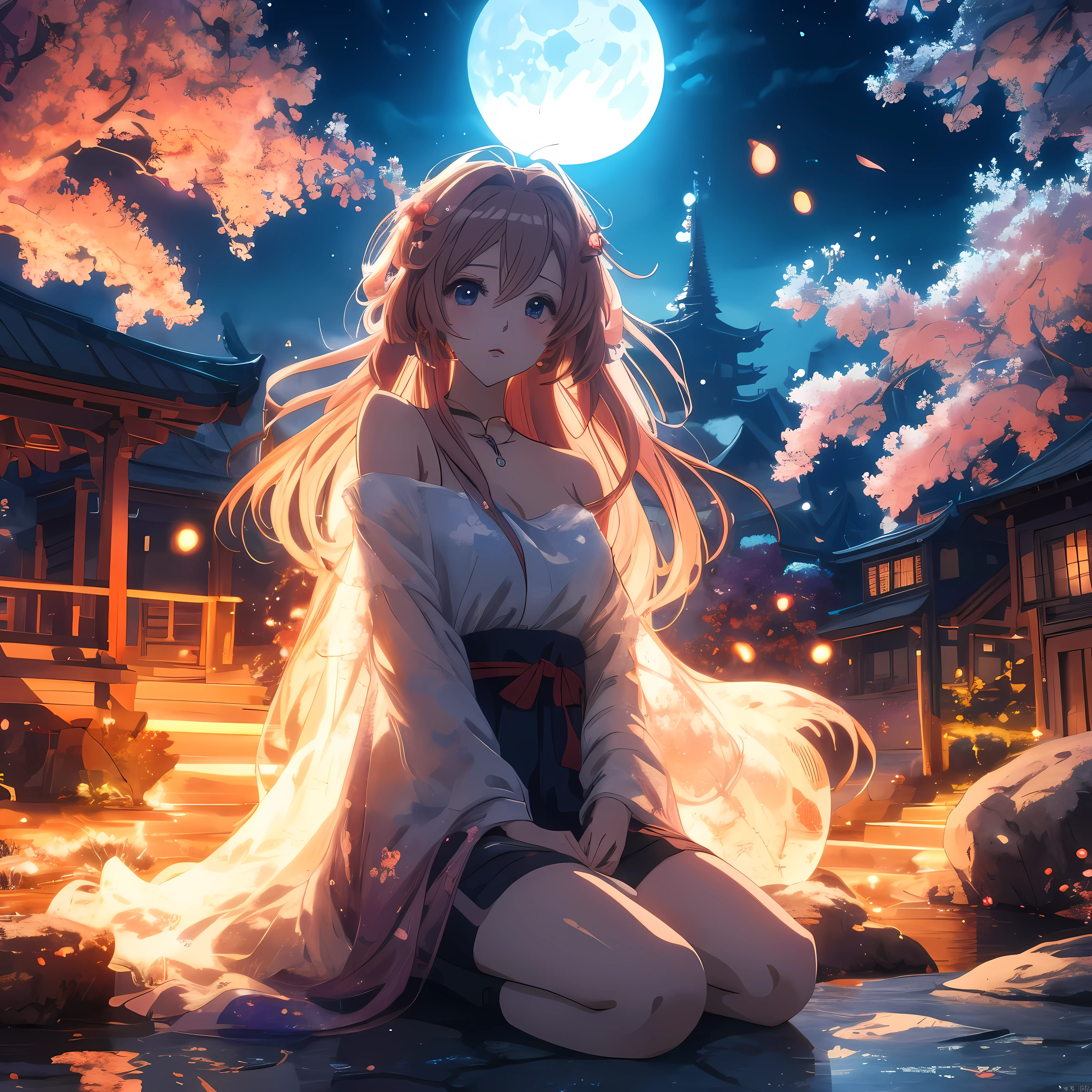 Uma mulher senta-se no chão em frente à lua cheia, estilo anime 4k, lindo anime, papel de parede de anime 4K, papel de parede de anime 4K, Papel de parede de arte anime 4k, Papel de parede de arte anime 4k, papel de parede de arte de animação 8k, Papel de parede de anime 4K, núcleo noturno, lindo anime girl, lindo anime artwork, Papel de parede de anime HD, Fundo de anime