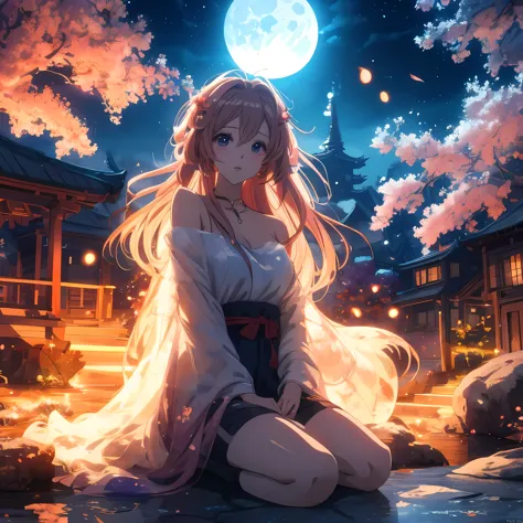 A woman sits on the ground in front of the full moon, anime style 4k, Beautiful anime, anime wallpaper 4k, anime wallpaper 4k, A...